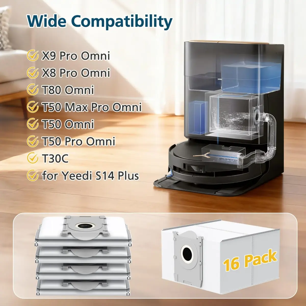 Lacvik 16 Dust Bags for ECOVACS DEEBOT X9 PRO OMNI, X8 PRO OMNI, T80 OMNI, T50 MAX PRO, T50 PRO, T50 OMNI, T30C OMNI, Yeedi M14 PLUS, S14 PLUS, S16 PLUS Robot Vacuum 3L Capacity - view 2