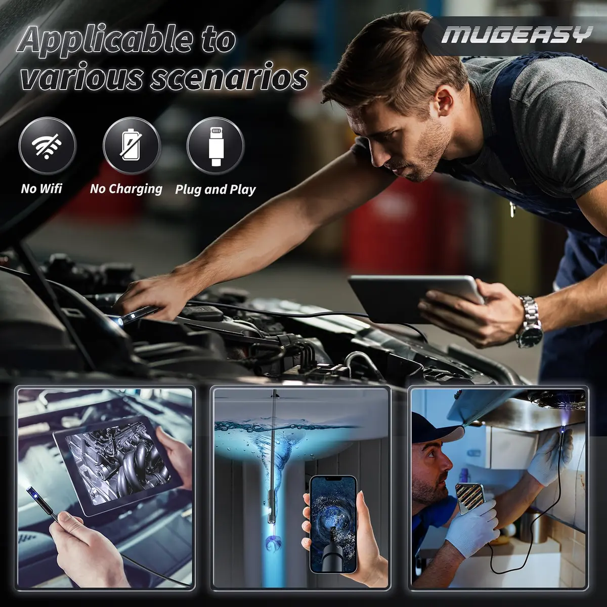 MugEasy Endoscope Camera with Light 1920P HD | Dual Lens, Waterproof, 16.4FT Cable - view 6