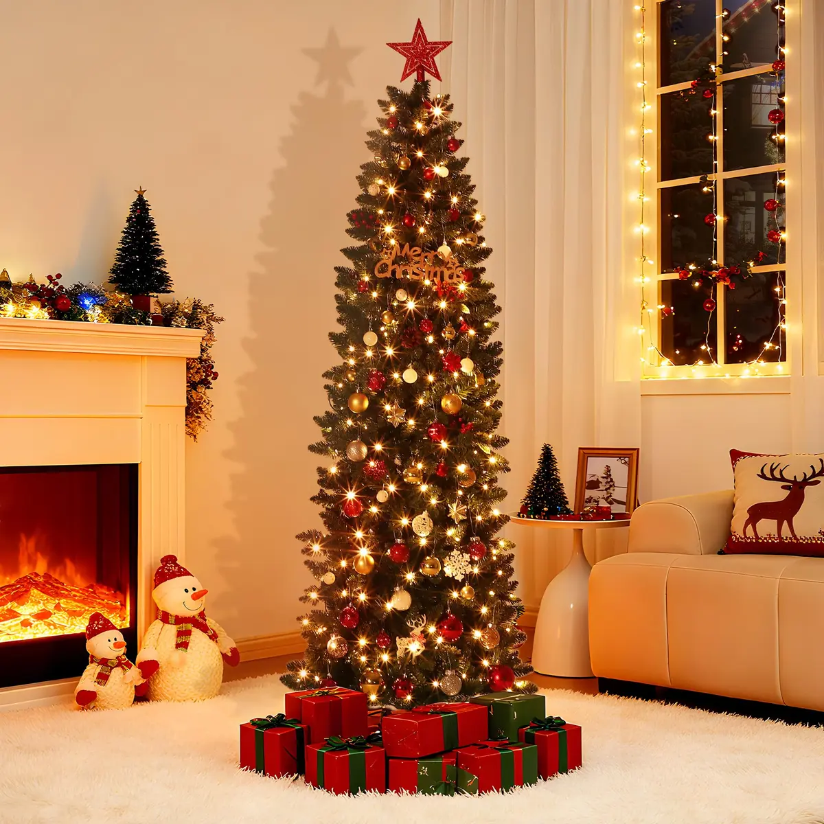 SLEKVERSA 7.5FT Pre-Lit Artificial Christmas Tree | Slim Pencil Design with LED Lights for Indoor Use - main product image