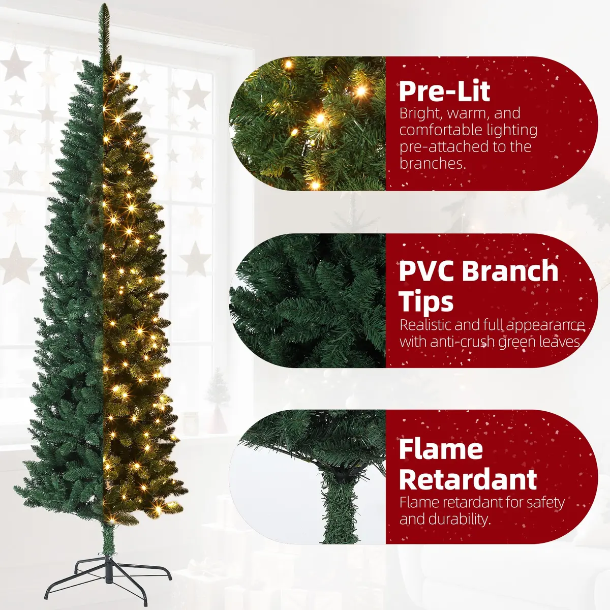 SLEKVERSA 7.5FT Pre-Lit Artificial Christmas Tree | Slim Pencil Design with LED Lights for Indoor Use - view 5