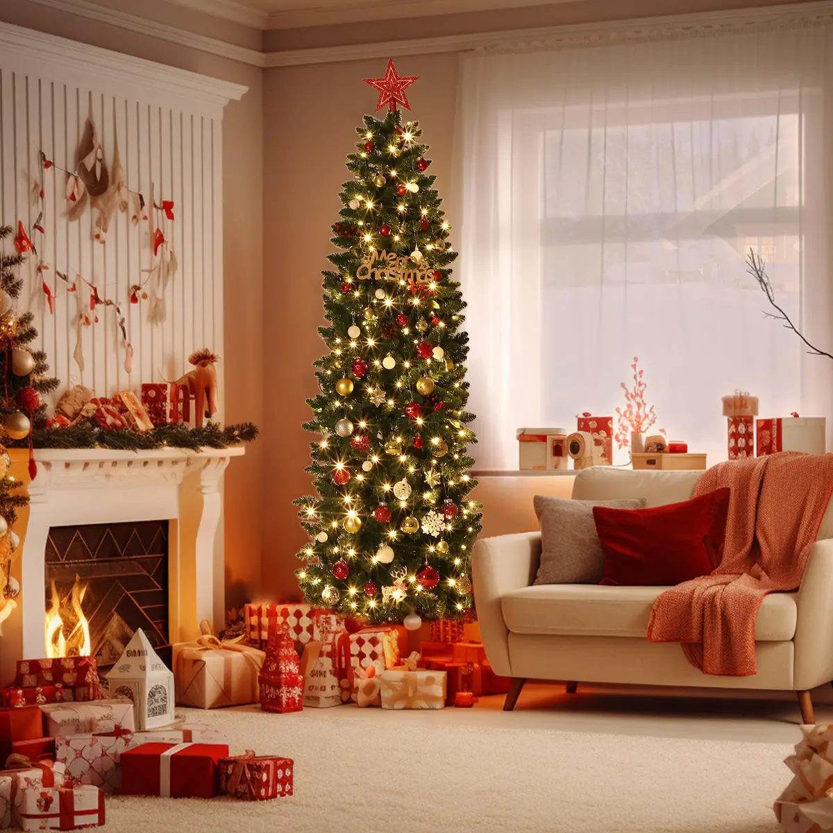 SLEKVERSA 7.5FT Pre-Lit Artificial Christmas Tree | Slim Pencil Design with LED Lights for Indoor Use - view 8