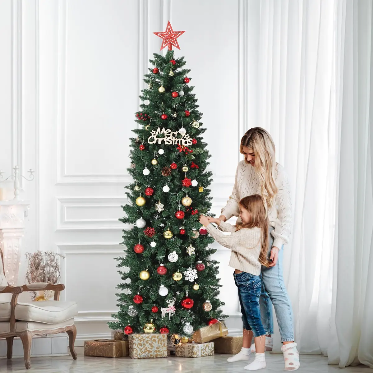 SLEKVERSA 7.5FT Pre-Lit Artificial Christmas Tree | Slim Pencil Design with LED Lights for Indoor Use - view 9