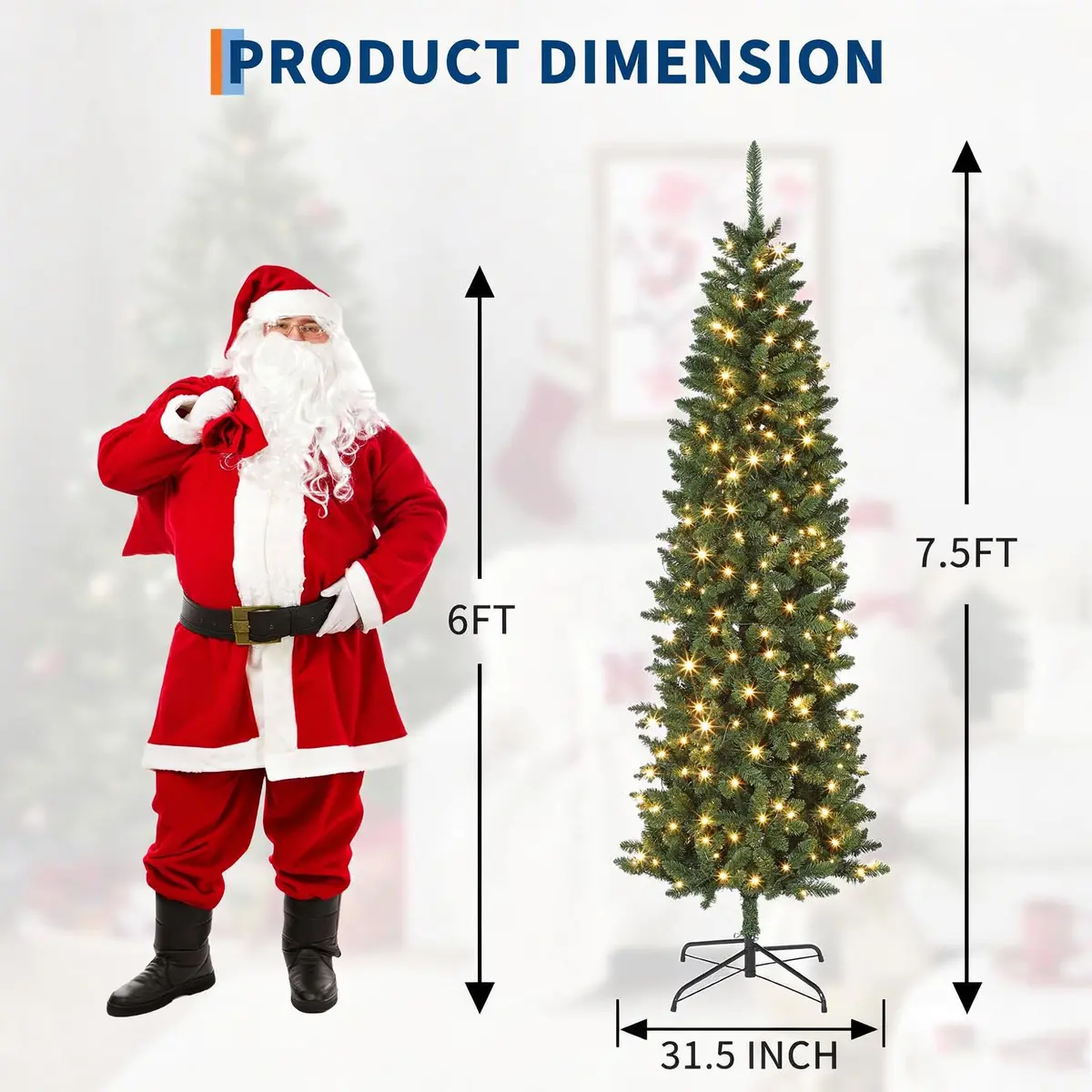 SLEKVERSA 7.5FT Pre-Lit Artificial Christmas Tree | Slim Pencil Design with LED Lights for Indoor Use - view 2