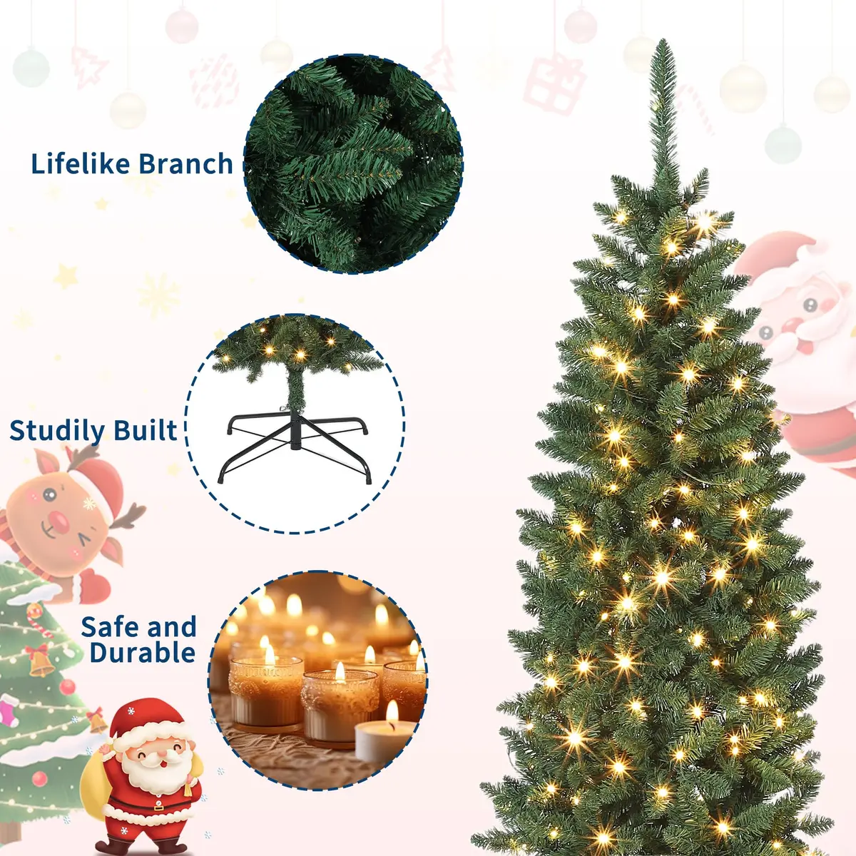 SLEKVERSA 7.5FT Pre-Lit Artificial Christmas Tree | Slim Pencil Design with LED Lights for Indoor Use - view 4