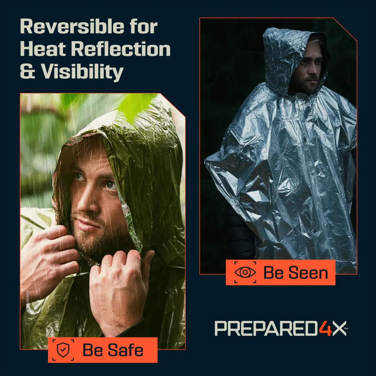 PREPARED4X Emergency Poncho with Mylar Blanket Liner 4 Pack (Blue) | Waterproof, Wind-Resistant Thermal Poncho for Outdoors, Camping, and Car Emergency Kits - view 4