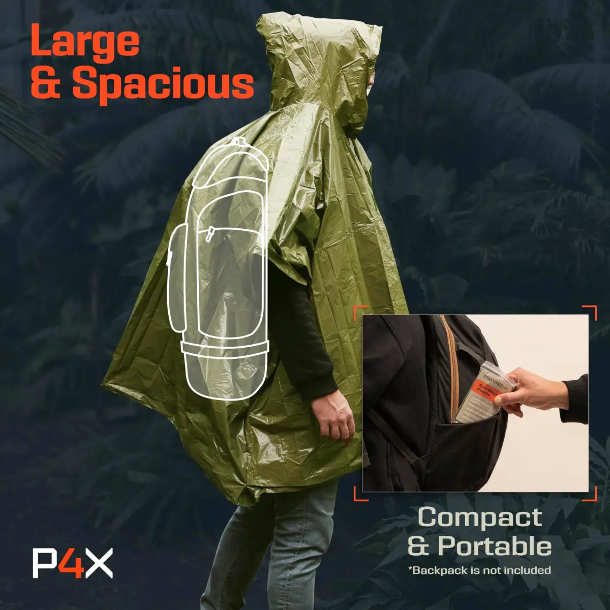 PREPARED4X Emergency Poncho with Mylar Blanket Liner 4 Pack (Blue) | Waterproof, Wind-Resistant Thermal Poncho for Outdoors, Camping, and Car Emergency Kits - view 7