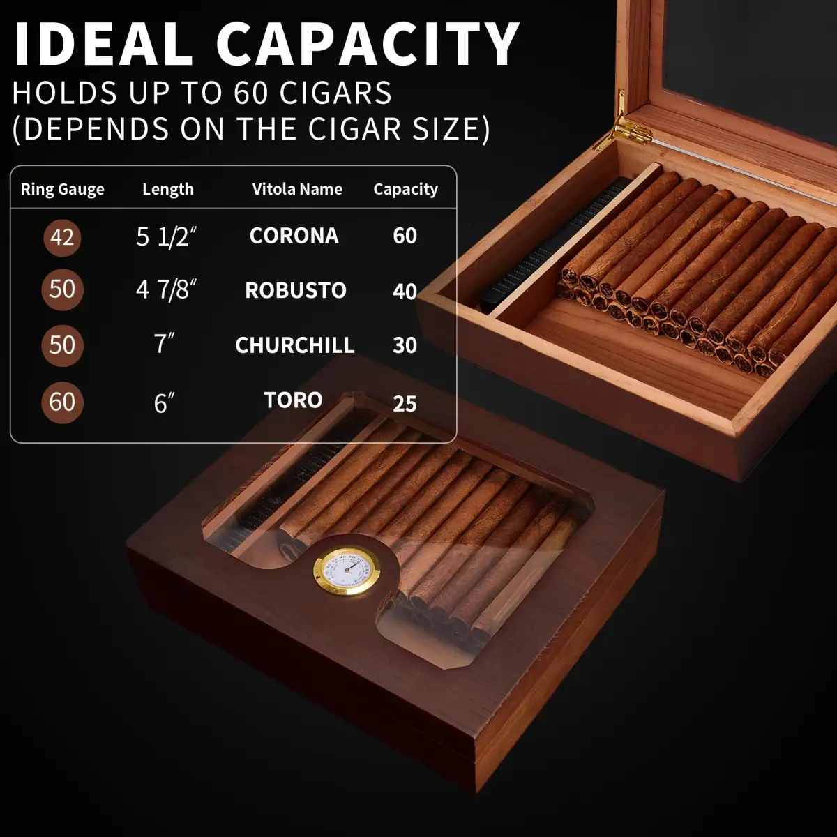 Somduy Cedar Wood Cigar Humidor for 25-30 Cigars | Rustic Brown Desktop Storage Case with Humidifier & Hygrometer - view 2