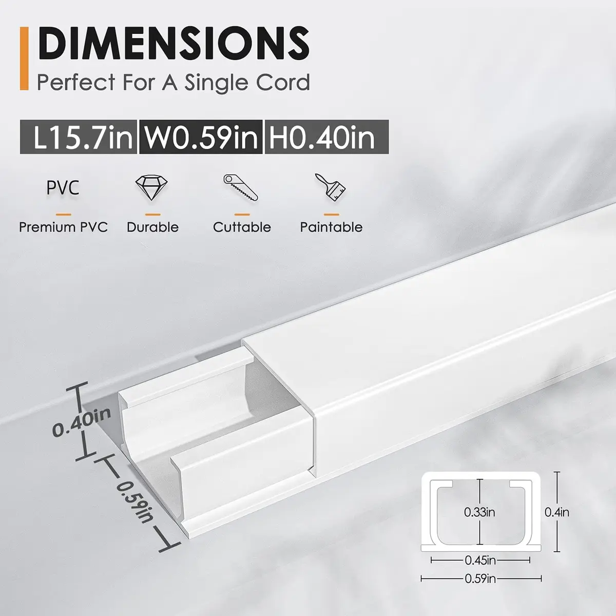 Delamu 236in (600cm) Cord Hider Kit | Paintable Snap-on Wire Cover for Single Wire Management - view 2