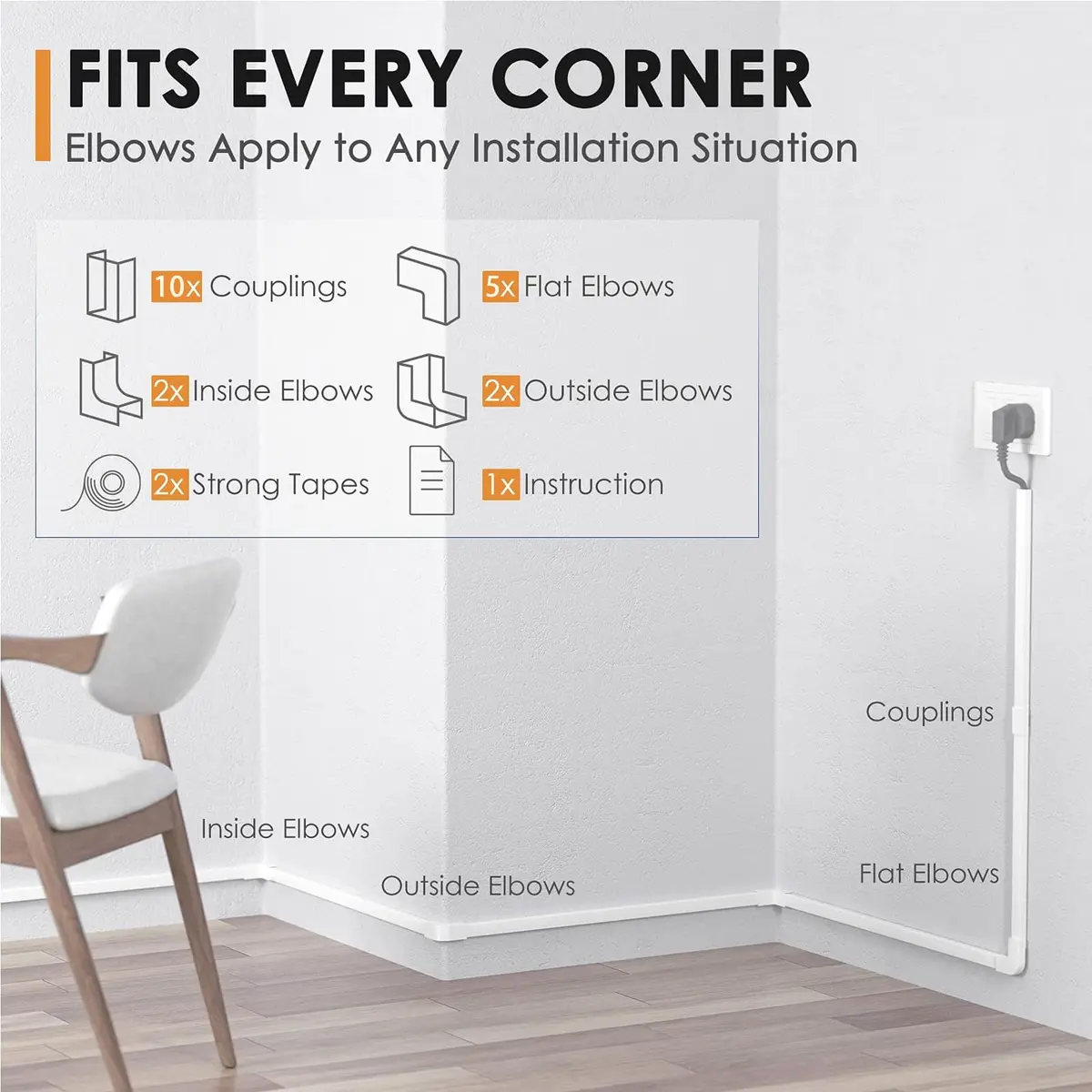 Delamu 236in (600cm) Cord Hider Kit | Paintable Snap-on Wire Cover for Single Wire Management - view 3