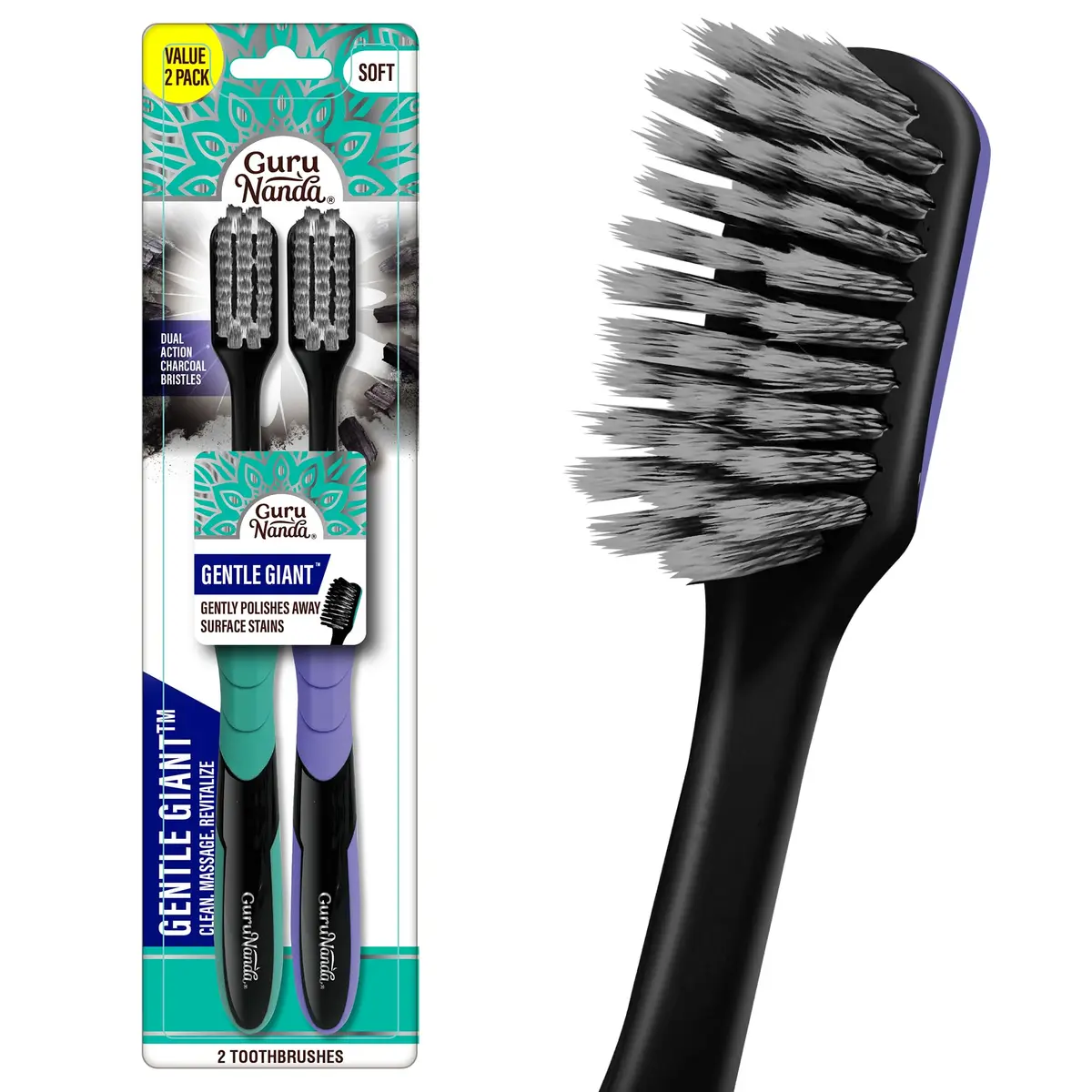 GuruNanda Gentle Giant Charcoal Toothbrush 2ct | Dual Action Flossing Spiral Bristles - main product image
