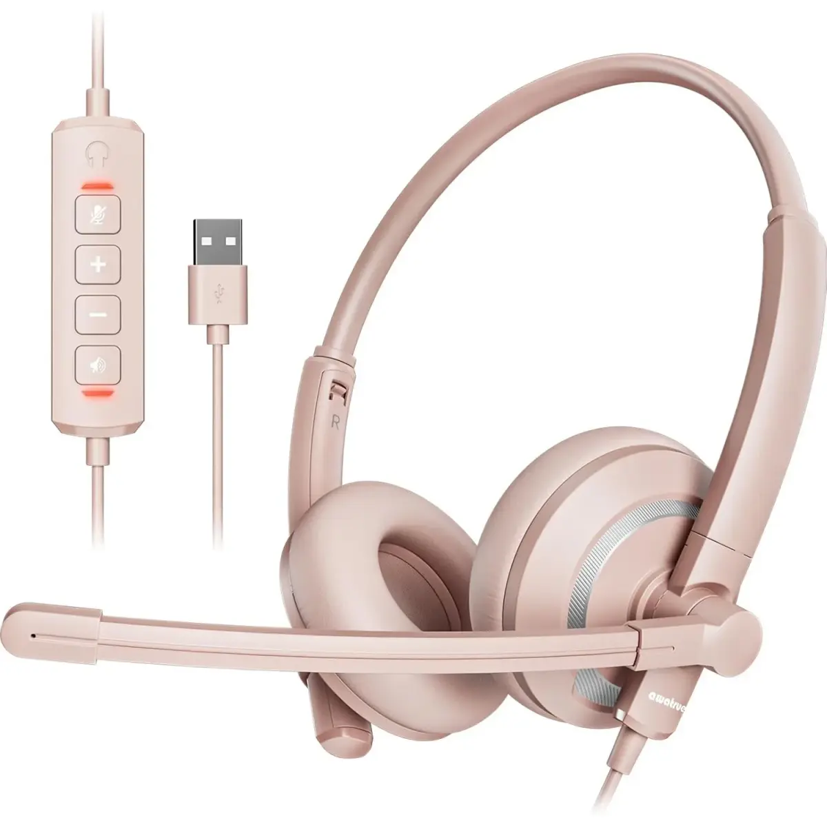 awatrue USB Headset with Microphone for PC - Lightweight Pink Computer Headset with Carry Pouch (40mm Drivers) - main product image