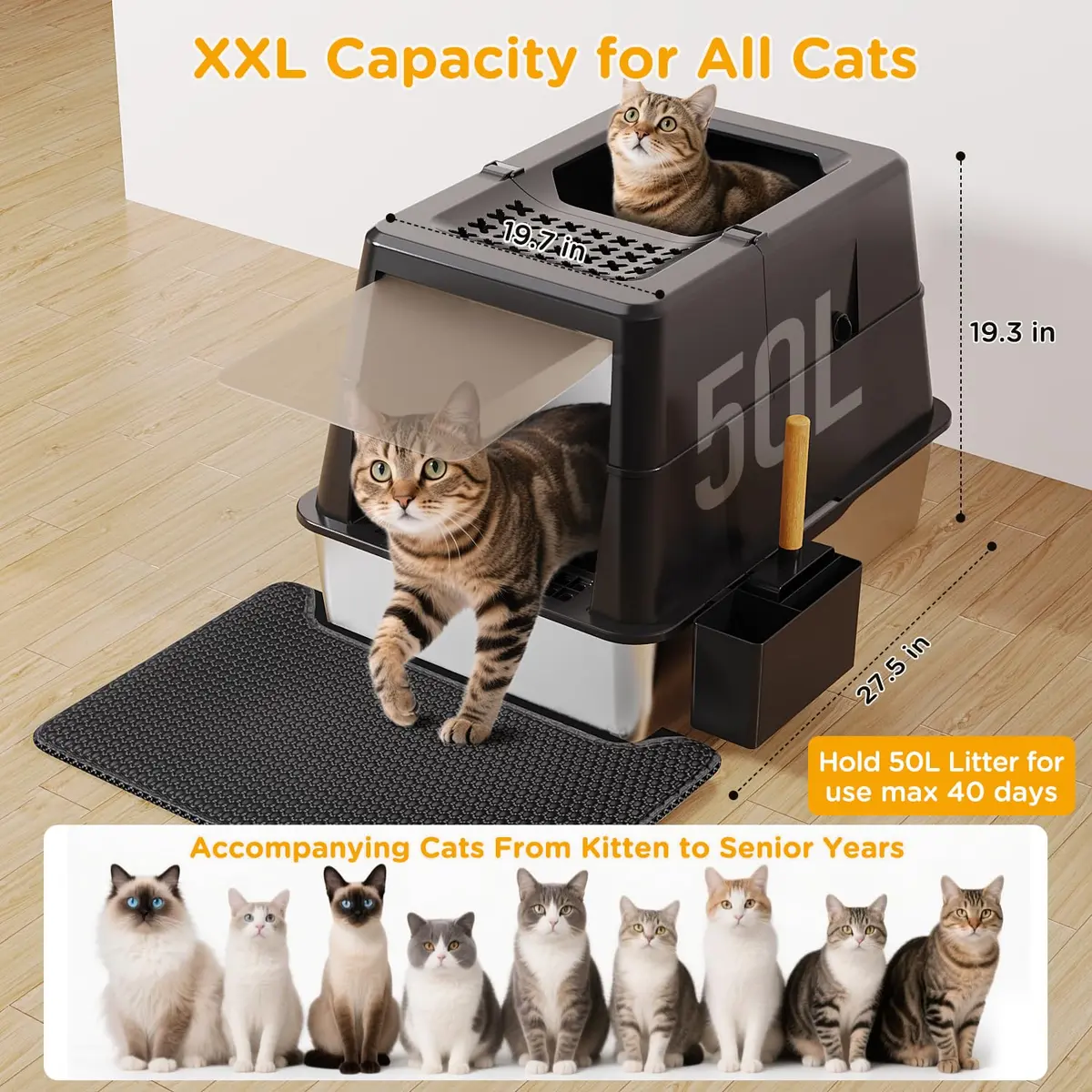 Mutrelenx XXL Stainless Steel Litter Box with Lid 27.5''x19.7''x19.3'' | Modular Design & Flip Lid, High Sided Cat Box, Easy to Clean - view 3