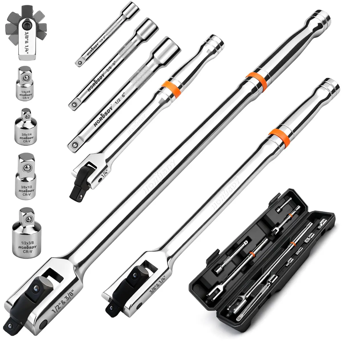HORUSDY 10-Piece Dual-Drive Breaker Bar Set, Heavy-Duty Torque Kit with 360° Rotatable Head, Premium Cr-V Steel, Spring-loaded Detent Ball, Extension Bars & Socket Adapters, Durable Storage Case | 10-Piece Heavy-Duty Wrench Set - main product image