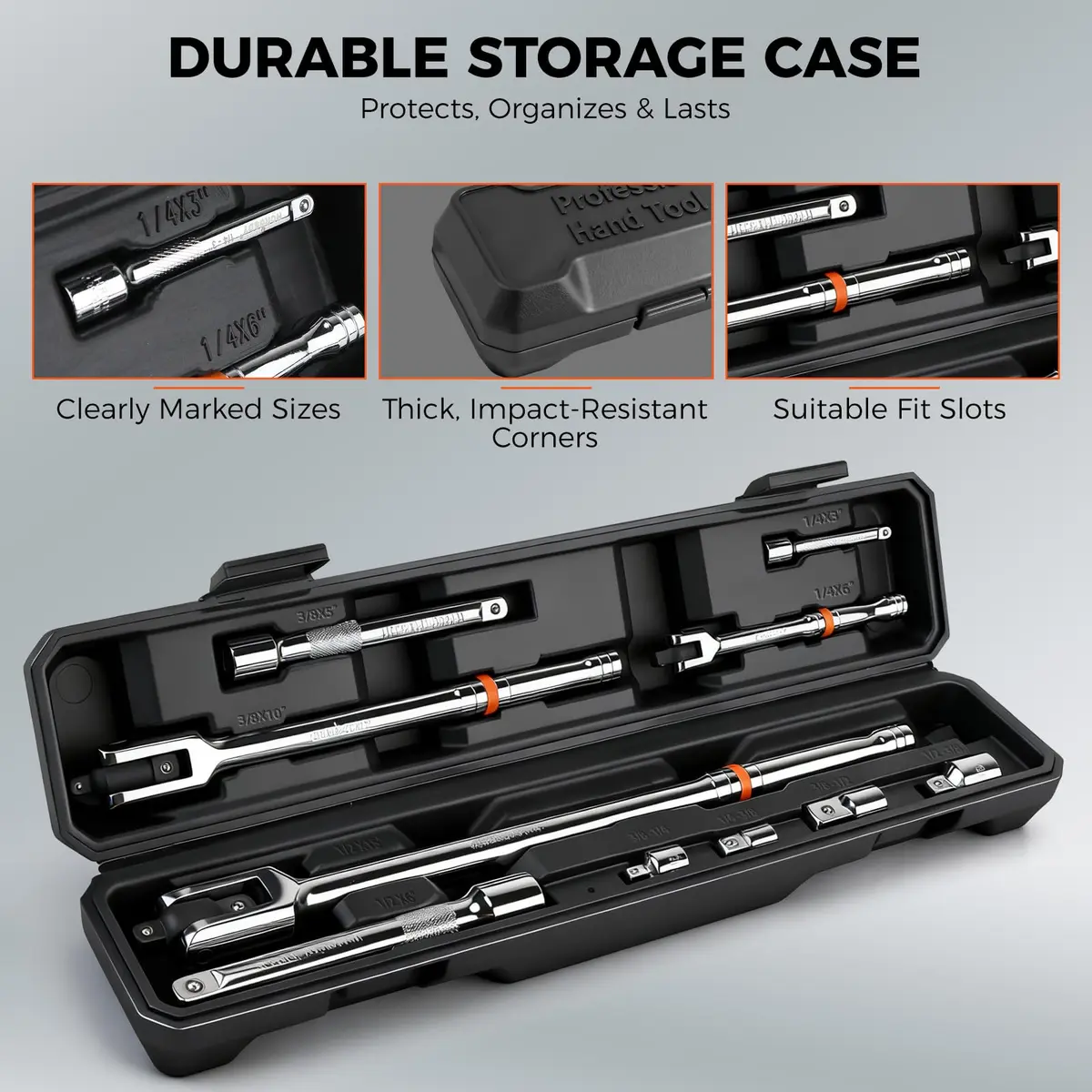 HORUSDY 10-Piece Dual-Drive Breaker Bar Set, Heavy-Duty Torque Kit with 360° Rotatable Head, Premium Cr-V Steel, Spring-loaded Detent Ball, Extension Bars & Socket Adapters, Durable Storage Case | 10-Piece Heavy-Duty Wrench Set - view 8