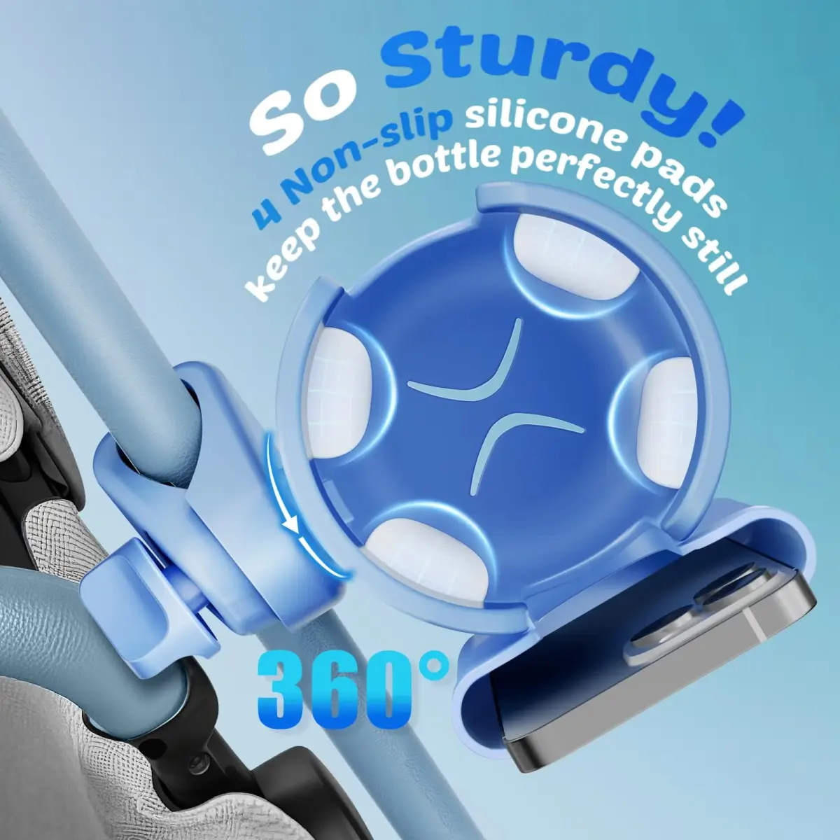 Guiseapue Universal Stroller Cup Holder with Phone Mount, Blue | Fits 0.55"-1.7" Handlebars - view 5