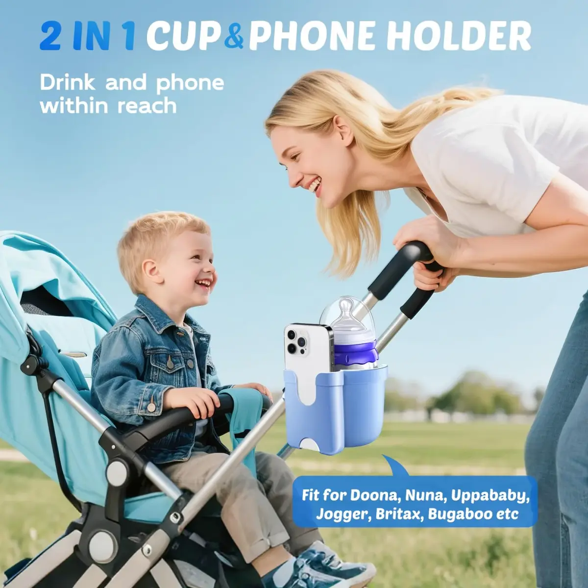 Guiseapue Universal Stroller Cup Holder with Phone Mount, Blue | Fits 0.55"-1.7" Handlebars - view 2