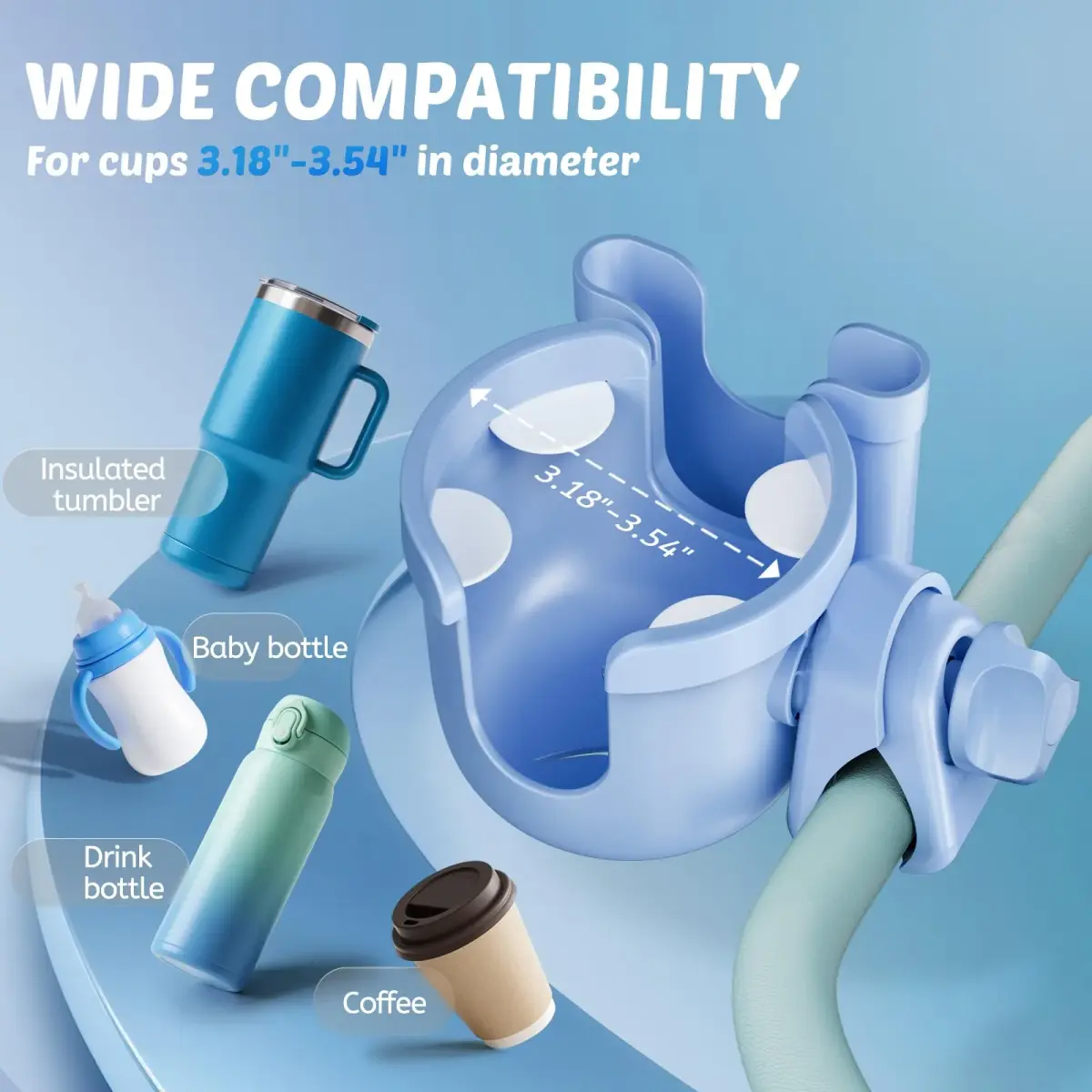 Guiseapue Universal Stroller Cup Holder with Phone Mount, Blue | Fits 0.55"-1.7" Handlebars - view 3