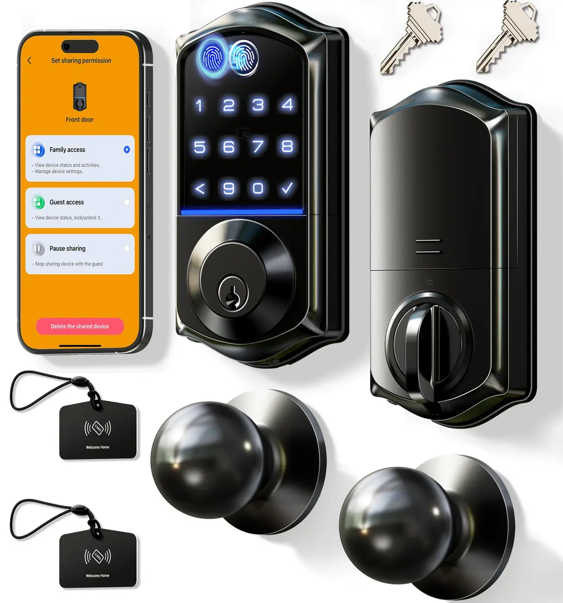 Veise VE017-K Fingerprint Smart Front Lock with Knob Set | APP, Matte Black, IP55 Weather Resistant - main product image