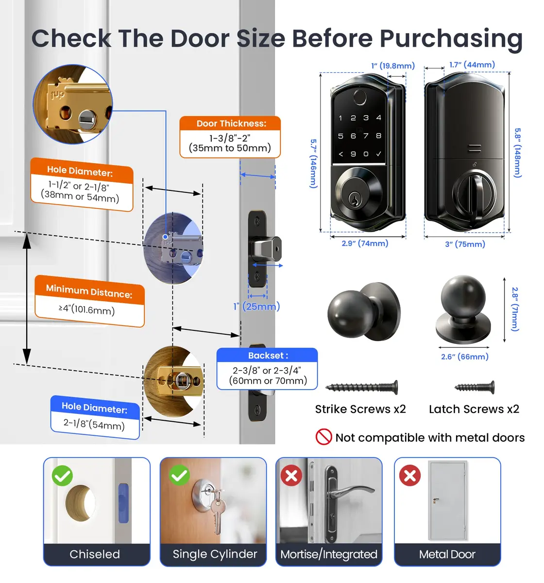 Veise VE017-K Fingerprint Smart Front Lock with Knob Set | APP, Matte Black, IP55 Weather Resistant - view 6