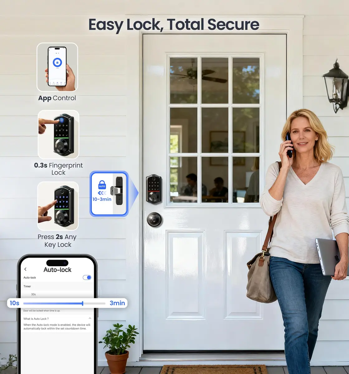 Veise VE017-K Fingerprint Smart Front Lock with Knob Set | APP, Matte Black, IP55 Weather Resistant - view 7