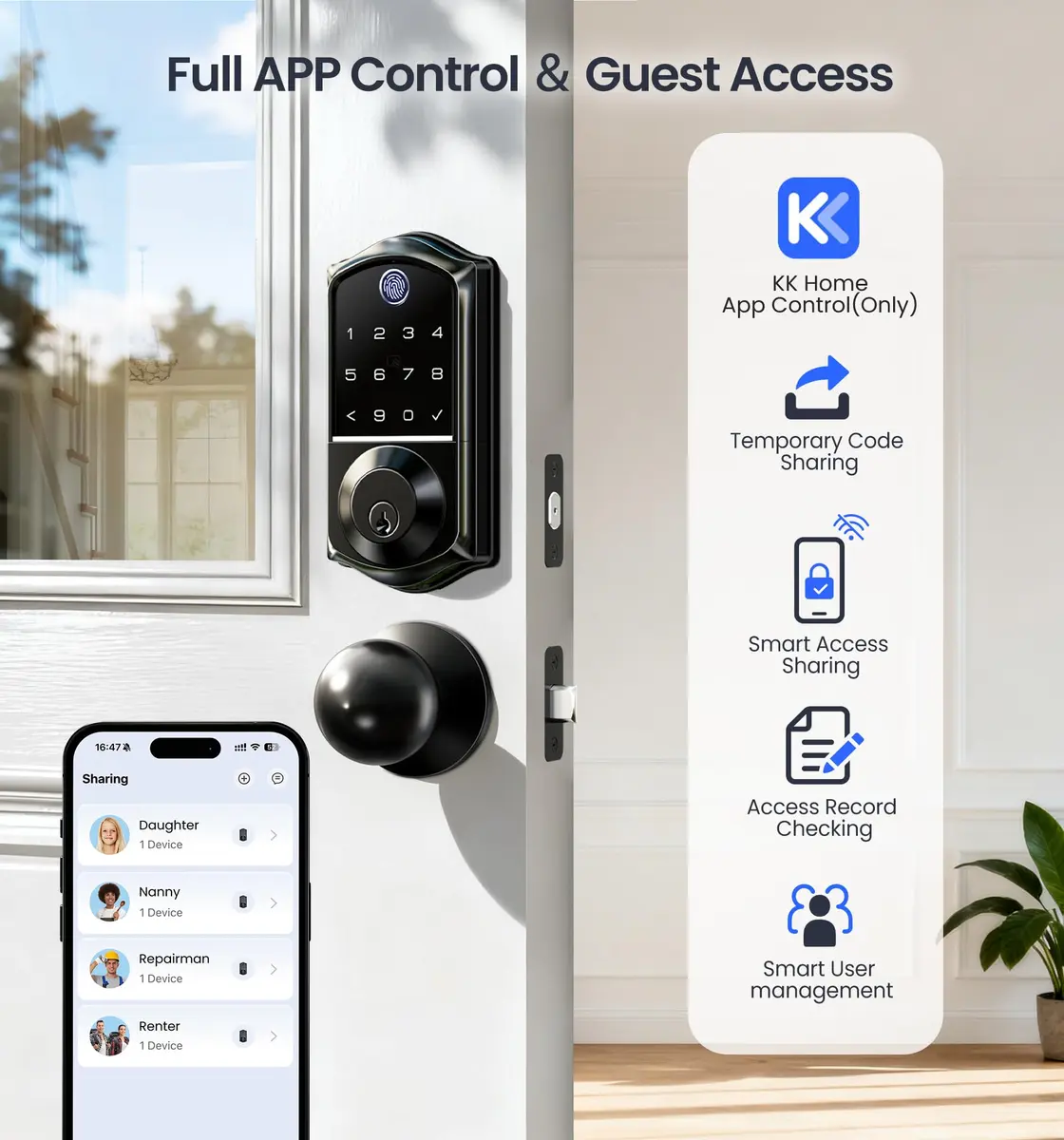 Veise VE017-K Fingerprint Smart Front Lock with Knob Set | APP, Matte Black, IP55 Weather Resistant - view 2