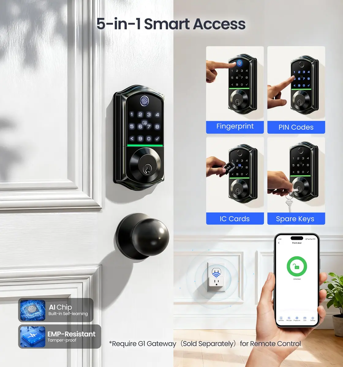 Veise VE017-K Fingerprint Smart Front Lock with Knob Set | APP, Matte Black, IP55 Weather Resistant - view 3