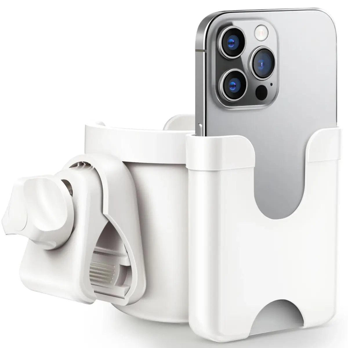 Guiseapue 2-in-1 Stroller Cup Holder with Phone Holder, White | Universal Fit for Bikes & Walkers - main product image