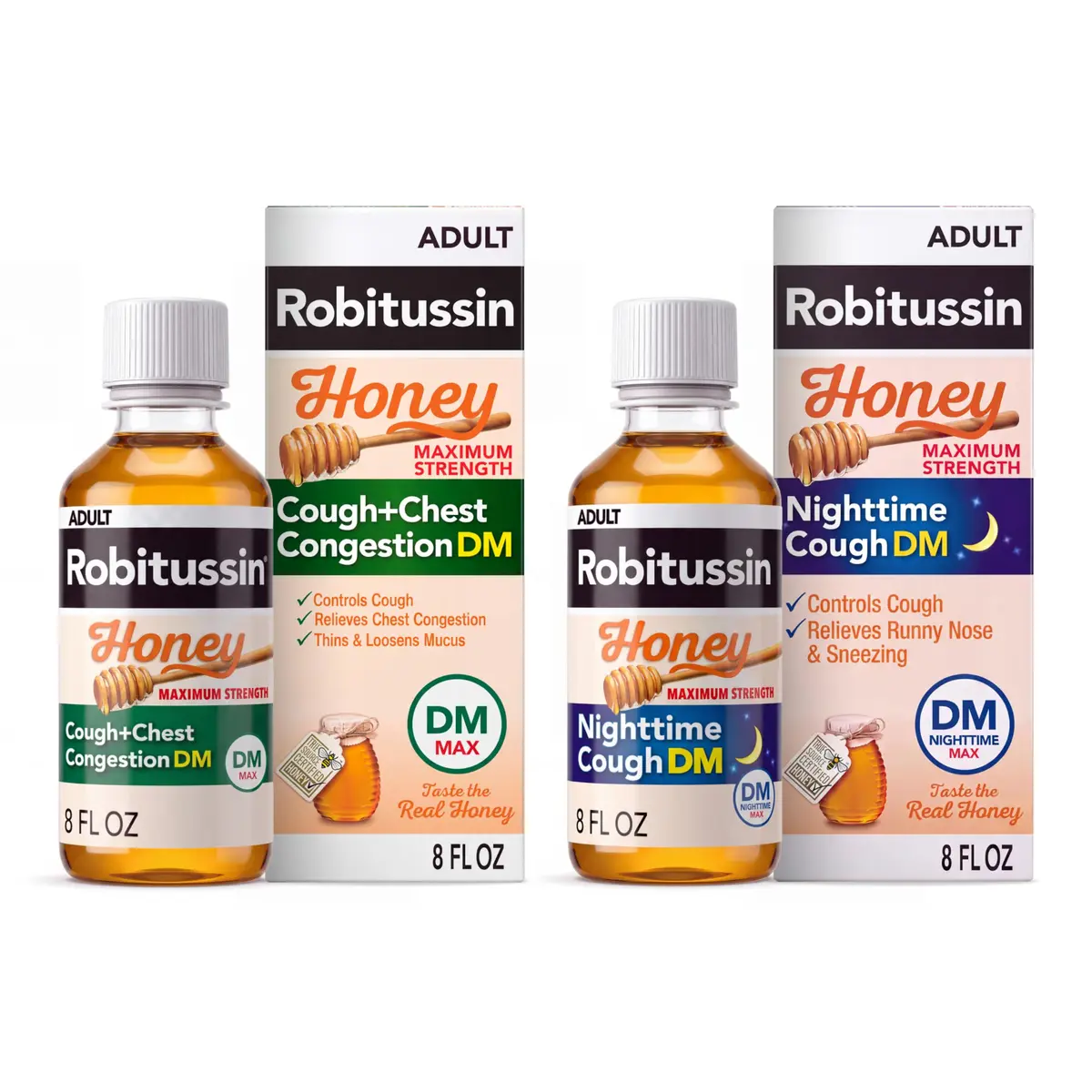 Robitussin Honey DM Max, Day & Night Formulas, 8 fl oz | Honey Flavored Cough & Congestion Relief for Adults & Children 12+ - main product image