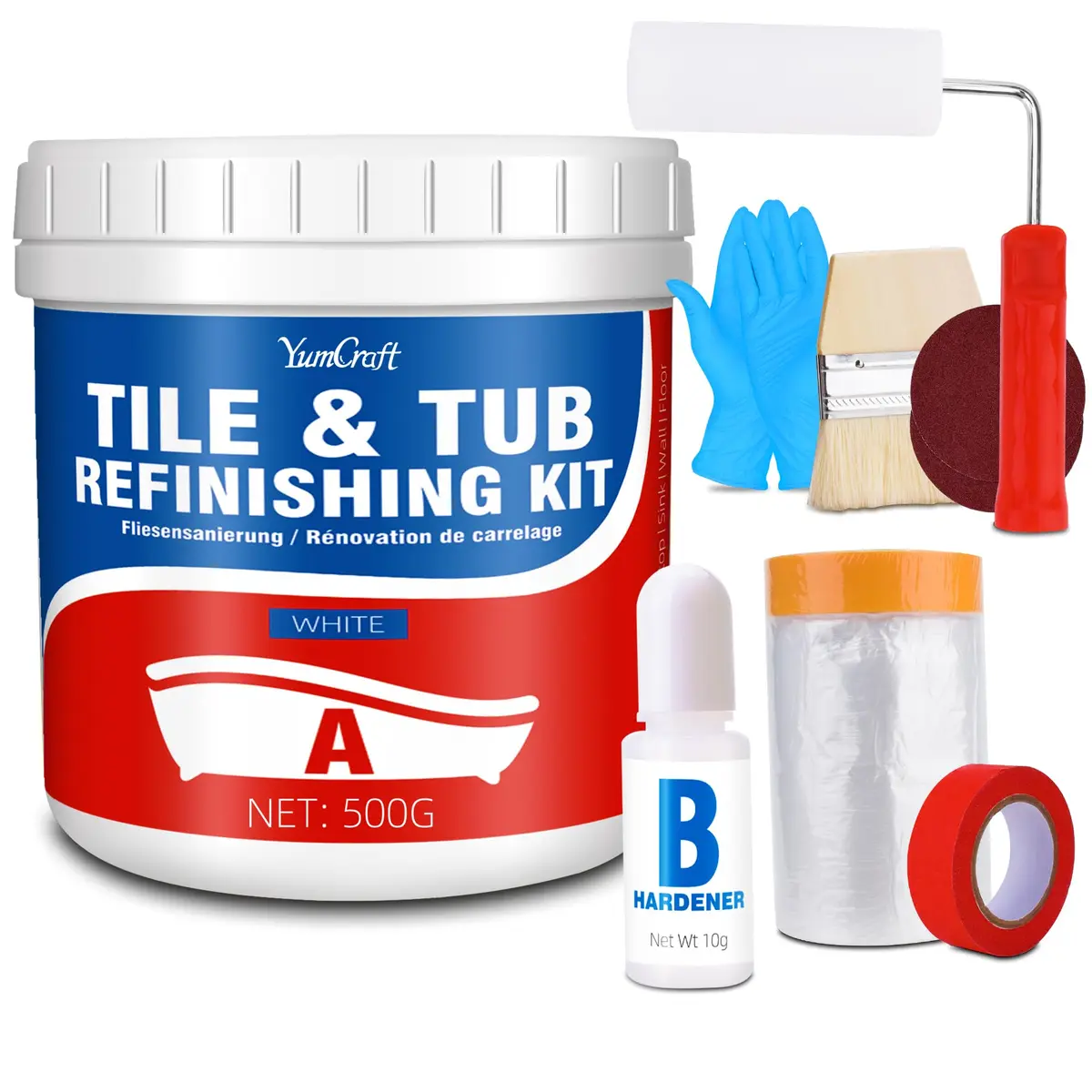 YumCraft White Tub and Tile Refinishing Kit 500g (17 Fl Oz) | Durable Water-Based Acrylic Paint for Bathrooms and Kitchens - main product image