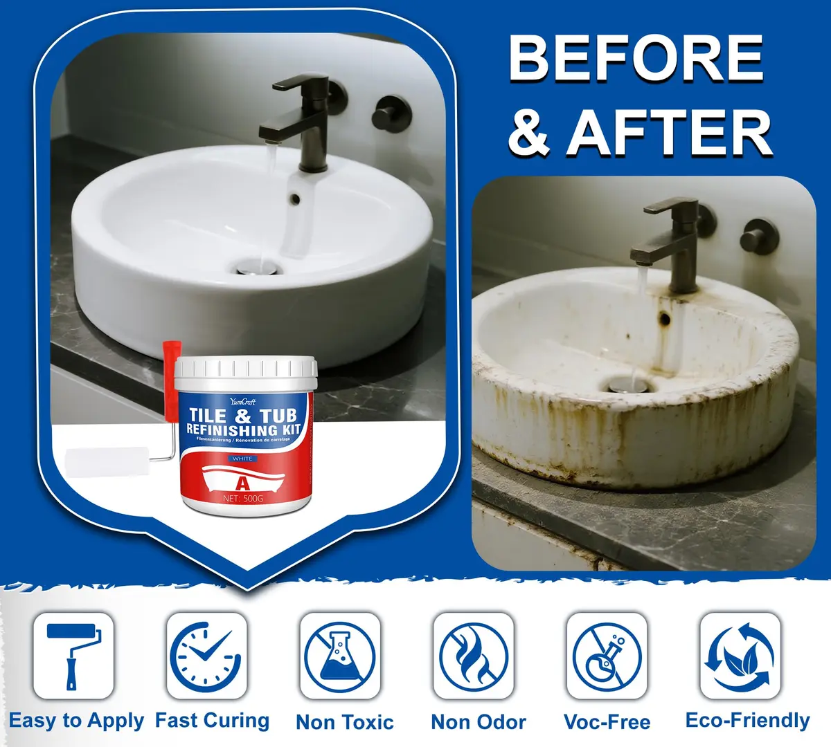 YumCraft White Tub and Tile Refinishing Kit 500g (17 Fl Oz) | Durable Water-Based Acrylic Paint for Bathrooms and Kitchens - view 4