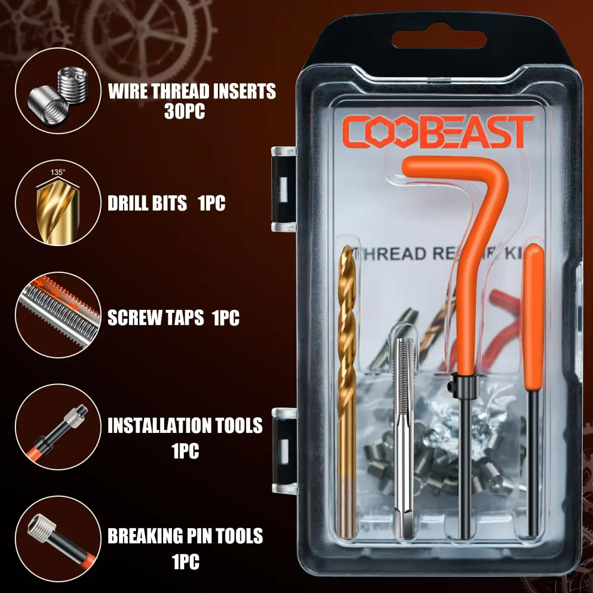 coobeast M6x1.0 Thread Repair Kit with 30 Inserts & HSS Drill Bits | Complete Helicoil Set for Automotive Engine - view 6