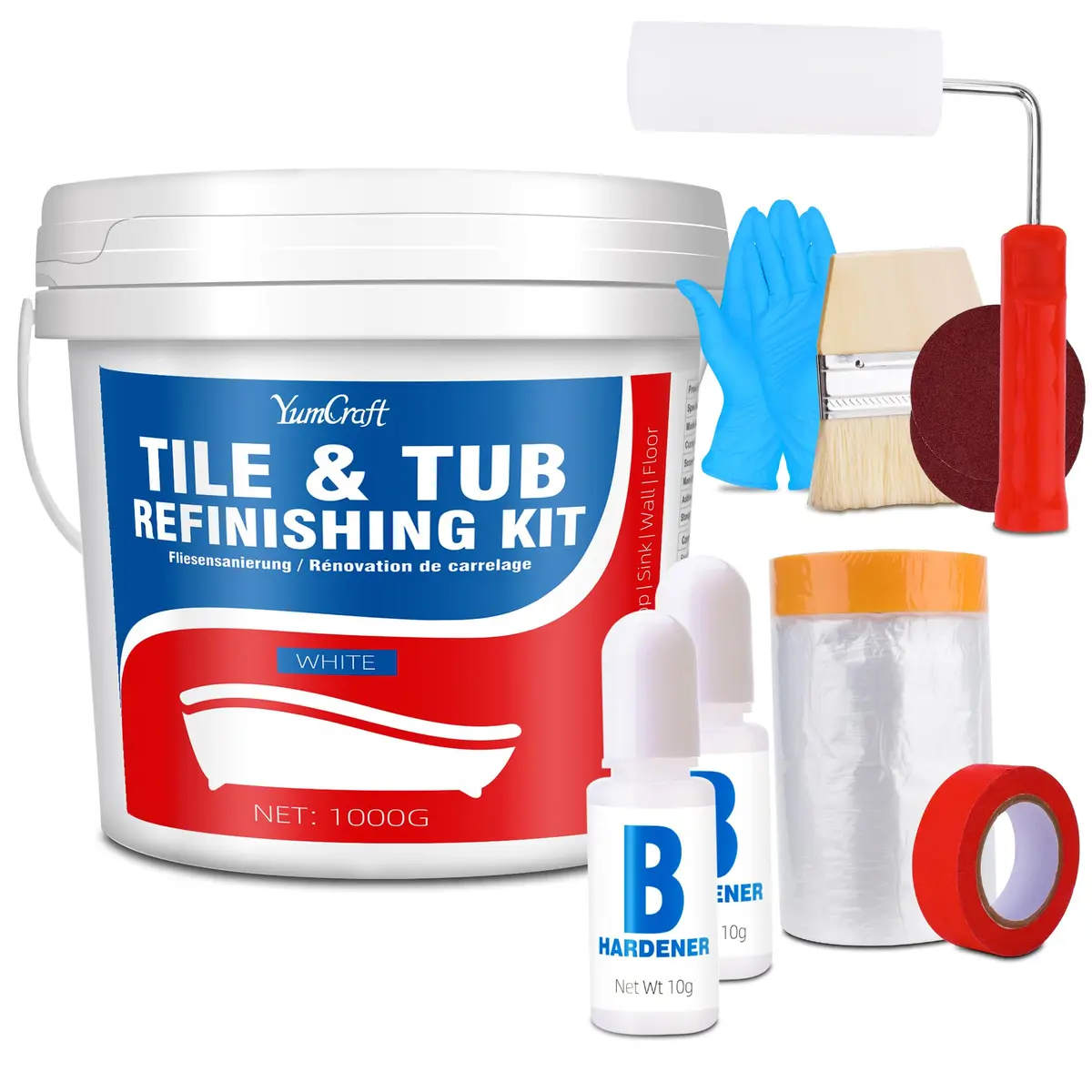 YumCraft Tub Tile Refinish Kit 1000g (35 Oz) White Paint Tools Bathroom Kitchen Resurfacing | Durable Waterproof Coating for Tubs, Tiles, Sinks & Countertops - main product image