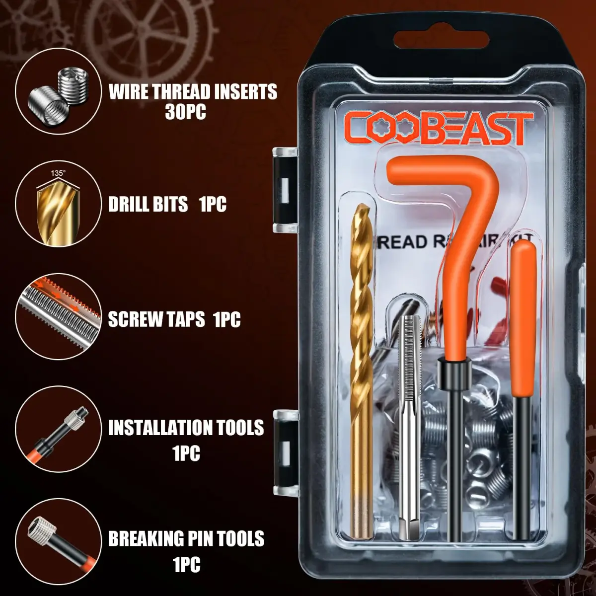Coobeast M8x1.25 Thread Repair Kit with 30pcs 304 Stainless Steel Inserts | Professional Helicoil Rethreading Tool Set for Automotive Engine - view 6