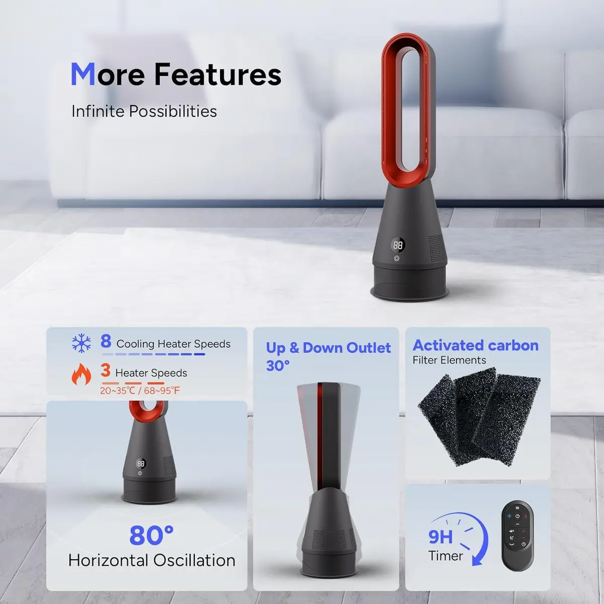Faryuan Bladeless Fan, 25 Inch | Heating & Cooling & Filter Combo Tower Fan 80° Oscillating - view 7