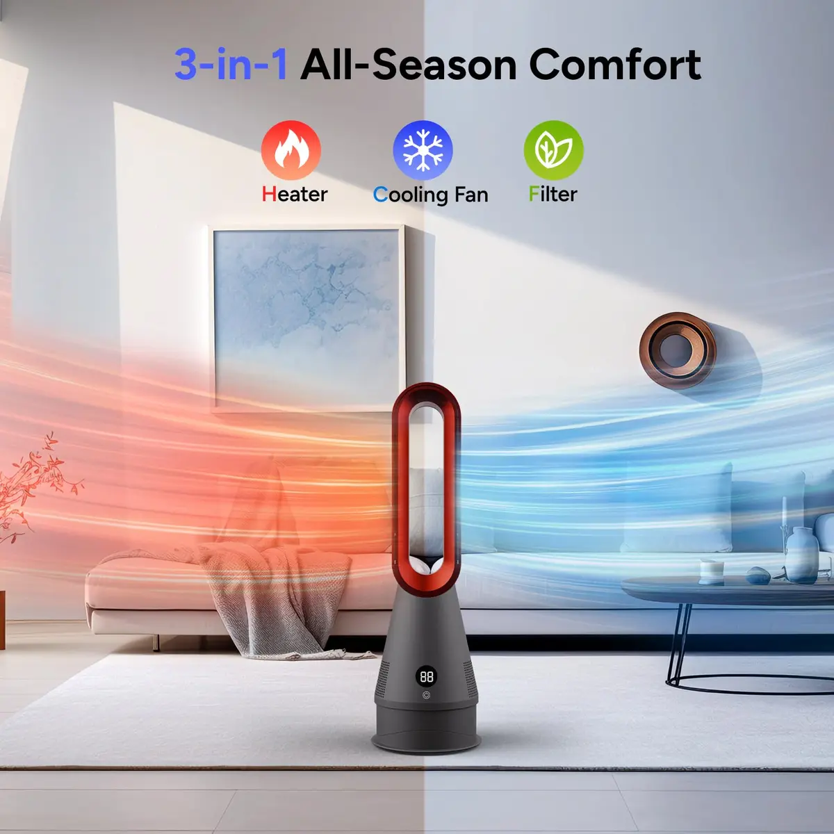 Faryuan Bladeless Fan, 25 Inch | Heating & Cooling & Filter Combo Tower Fan 80° Oscillating - view 3