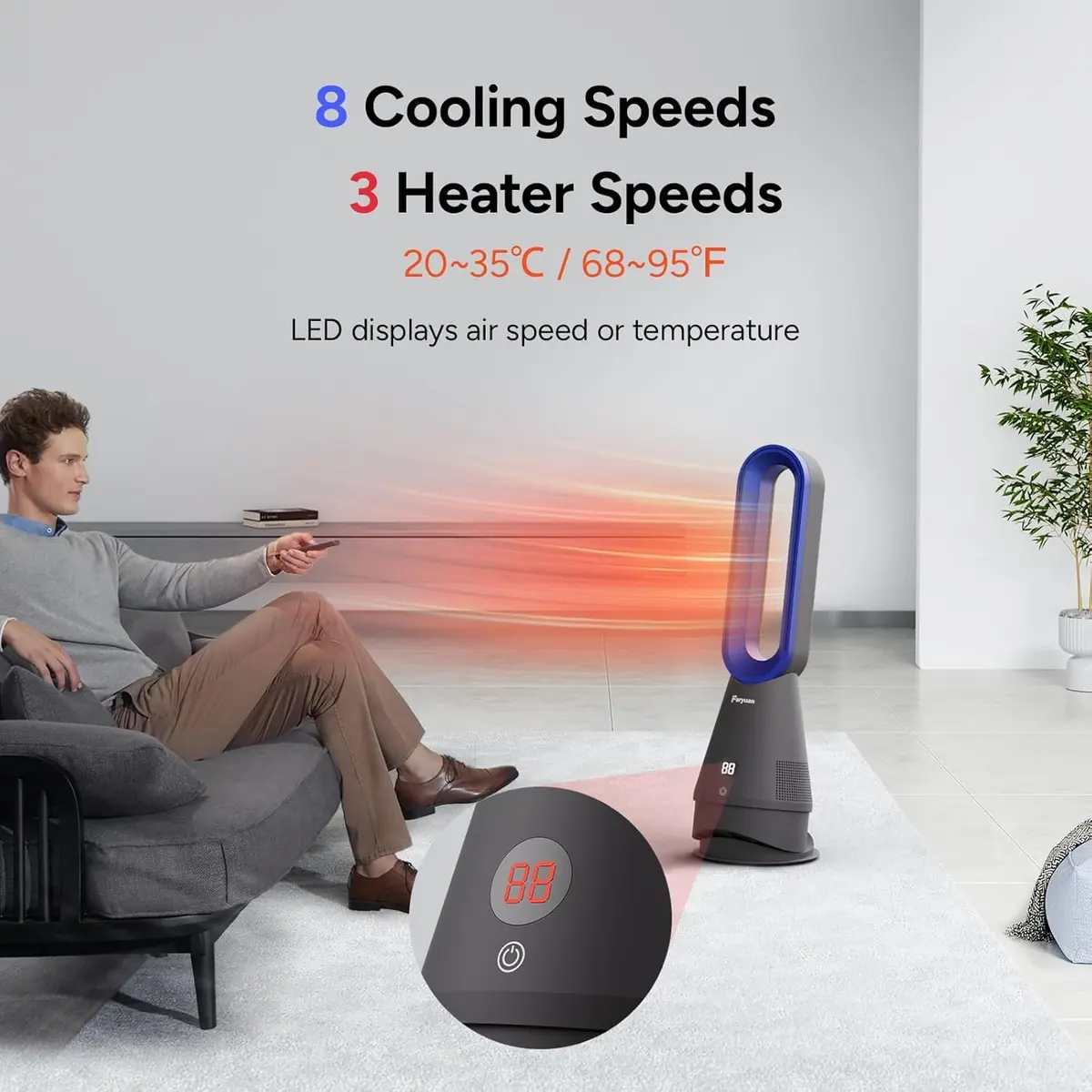 Faryuan Bladeless Fan 25 Inch | Heating & Cooling & Filter Combo, 8 Speeds, 9H Timer, Quiet Indoor Tower Fan - view 5