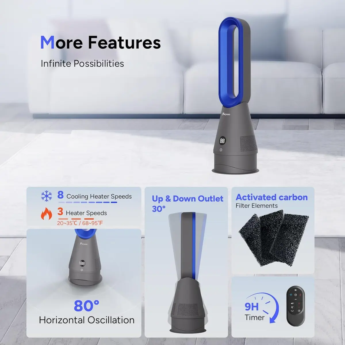 Faryuan Bladeless Fan 25 Inch | Heating & Cooling & Filter Combo, 8 Speeds, 9H Timer, Quiet Indoor Tower Fan - view 7