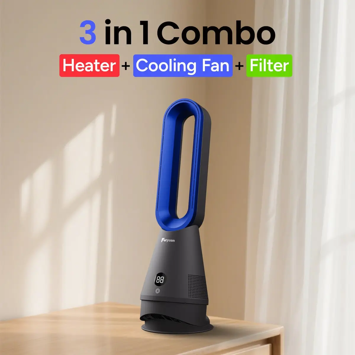 Faryuan Bladeless Fan 25 Inch | Heating & Cooling & Filter Combo, 8 Speeds, 9H Timer, Quiet Indoor Tower Fan - view 2