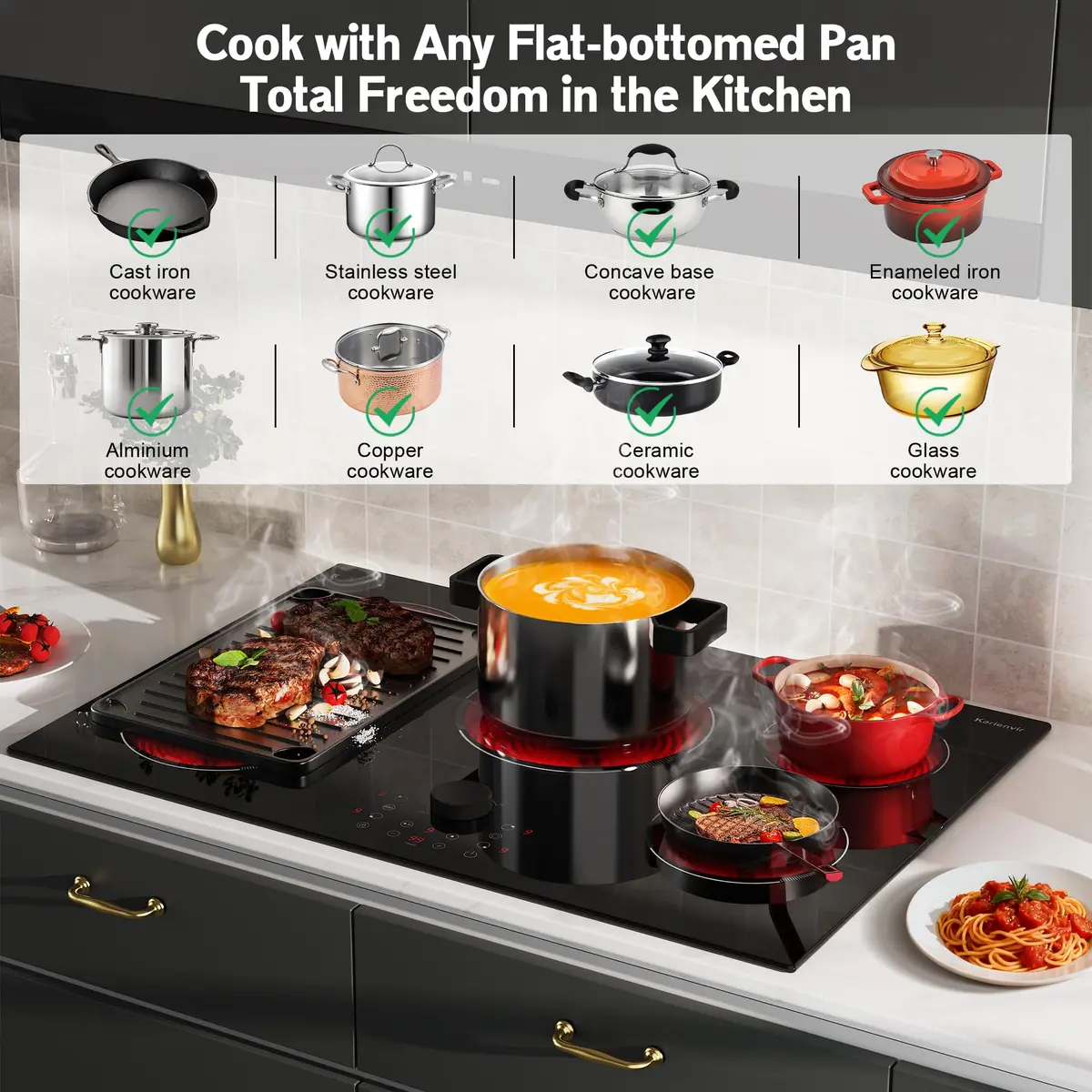 Karienvir 30 Inch Electric Cooktop 8600W | 5 Burners, Expandable Zone, 220-240V Hardwired - view 6