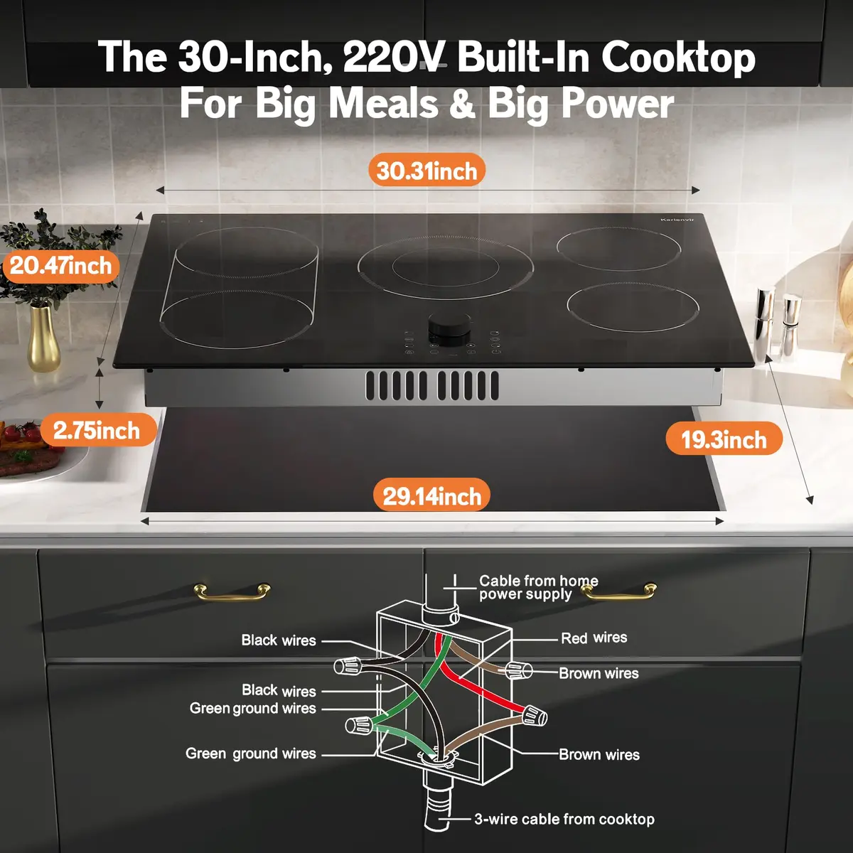 Karienvir 30 Inch Electric Cooktop 8600W | 5 Burners, Expandable Zone, 220-240V Hardwired - view 7