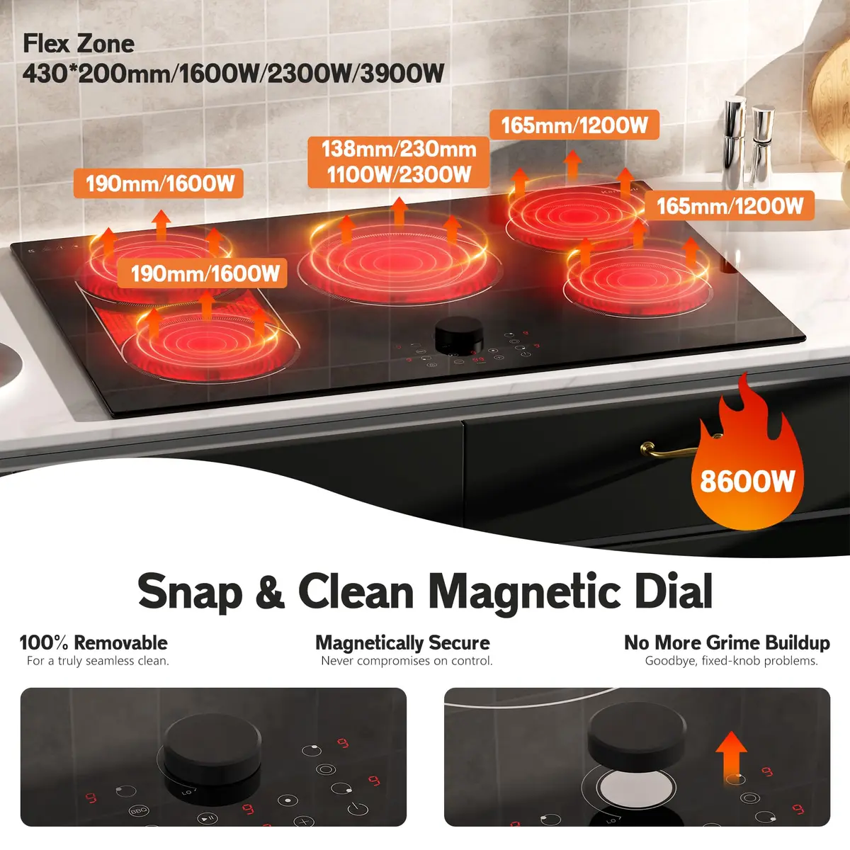 Karienvir 30 Inch Electric Cooktop 8600W | 5 Burners, Expandable Zone, 220-240V Hardwired - view 3