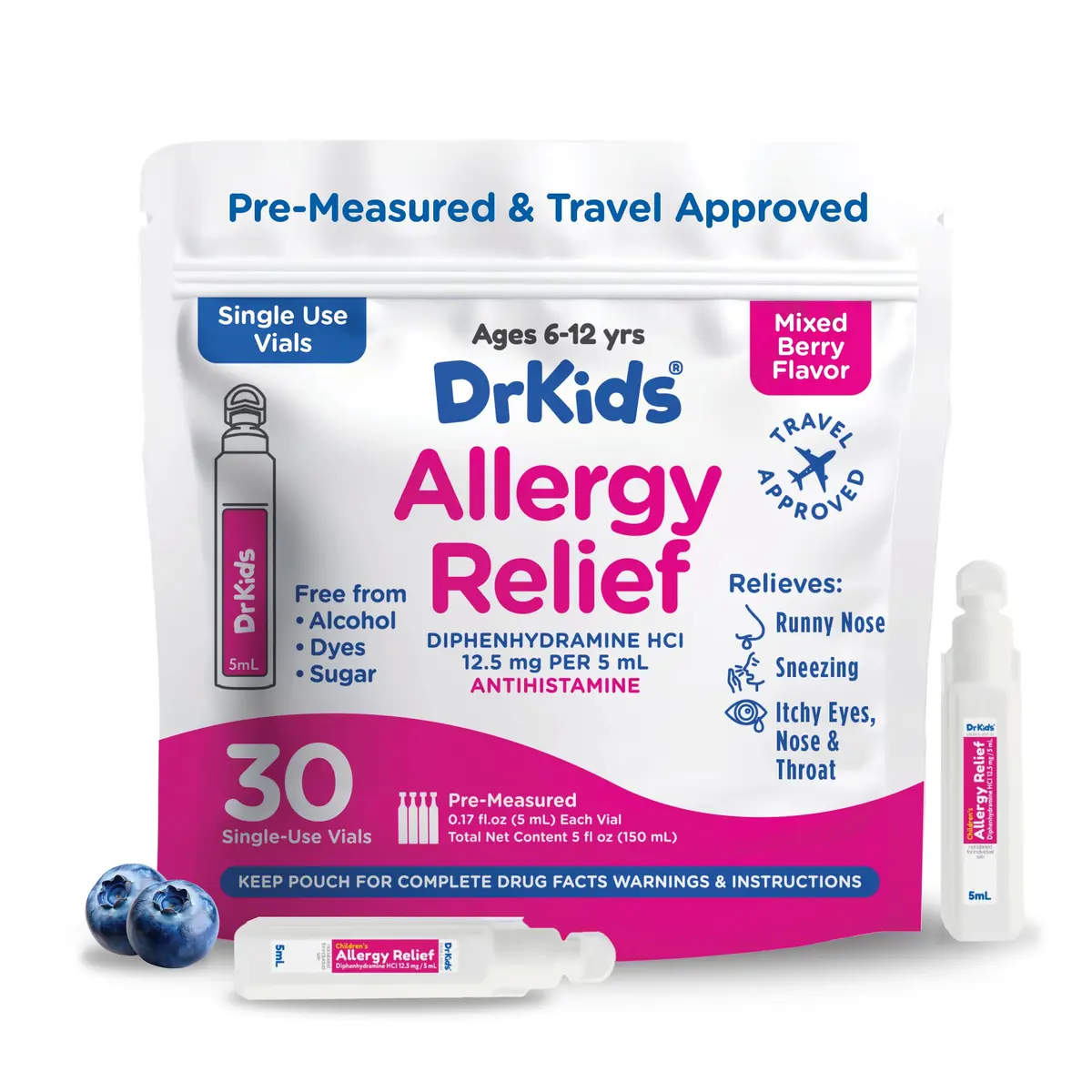 Dr. Kids Children's Allergy Relief Medicine, Mixed Berry Flavor, 30 Count | Fast-Acting, DYE FREE, Travel-Friendly - main product image