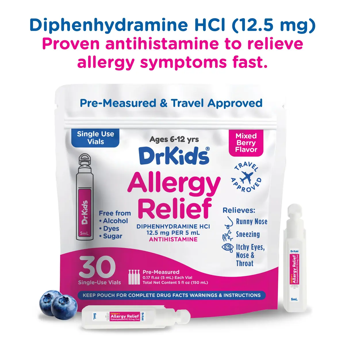 Dr. Kids Children's Allergy Relief Medicine, Mixed Berry Flavor, 30 Count | Fast-Acting, DYE FREE, Travel-Friendly - view 6