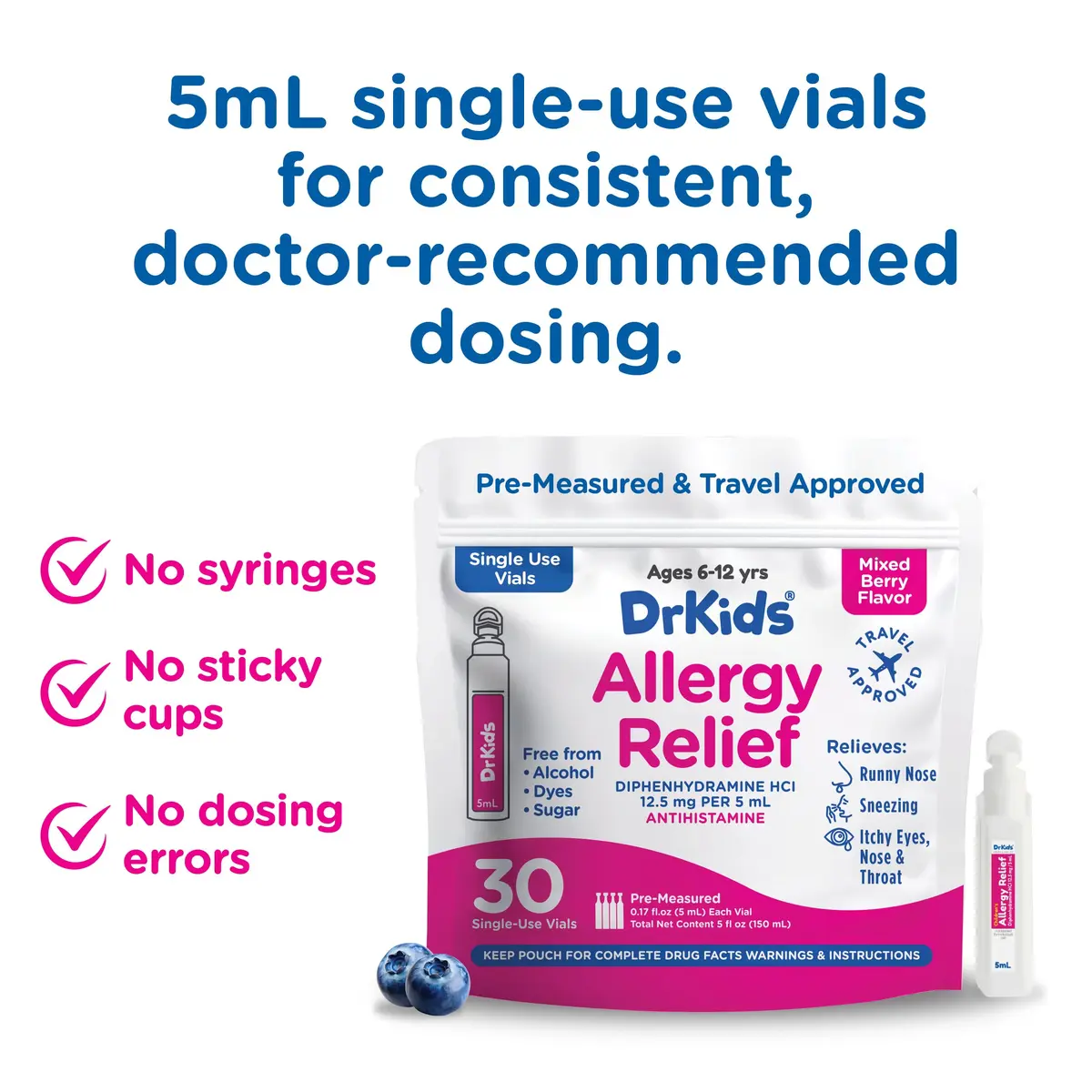 Dr. Kids Children's Allergy Relief Medicine, Mixed Berry Flavor, 30 Count | Fast-Acting, DYE FREE, Travel-Friendly - view 3
