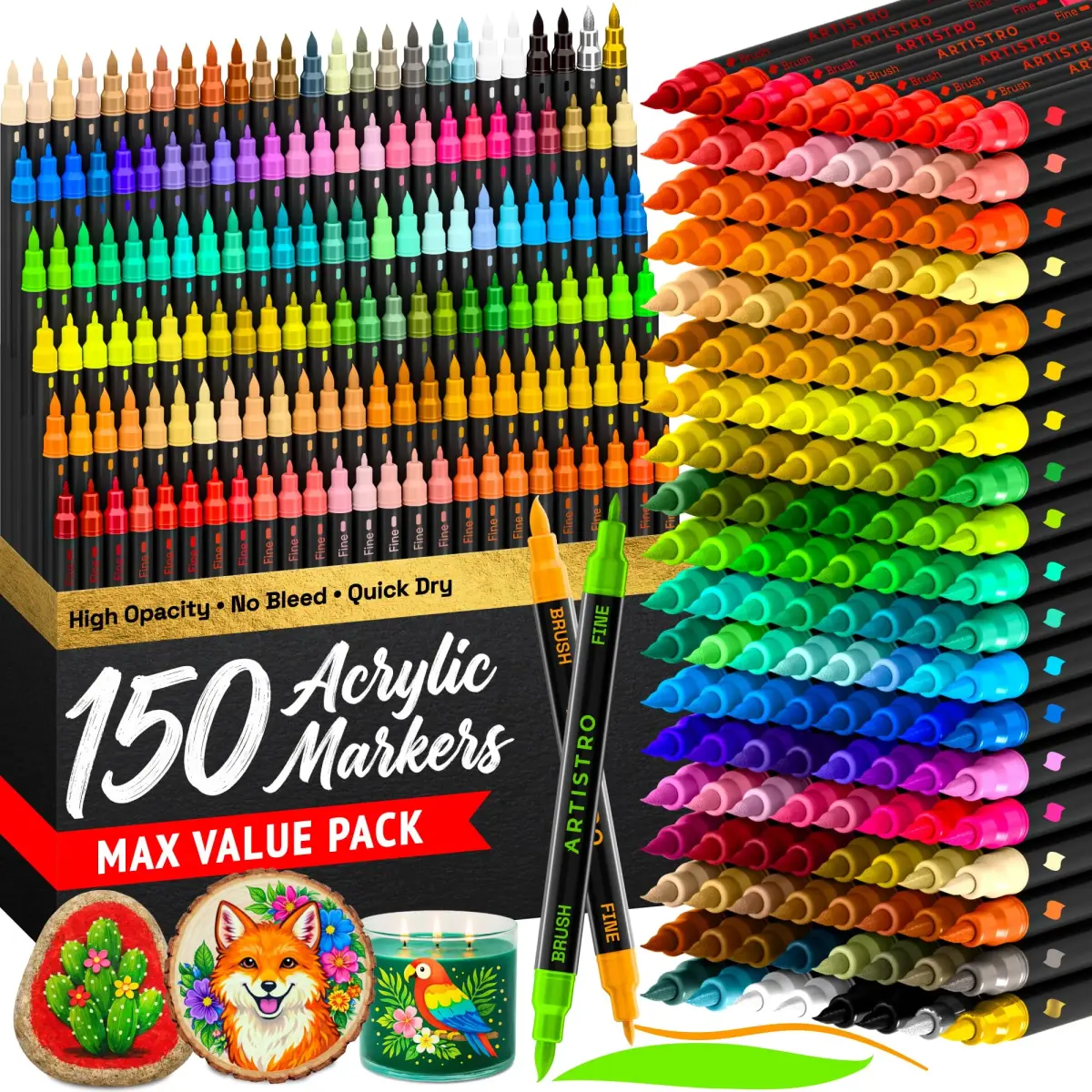 ARTISTRO 150 Acrylic Dual-Tip Glass Marker Pens for Wine Glasses, Tumblers & Ceramics | 150-Count Multicolor Set - main product image