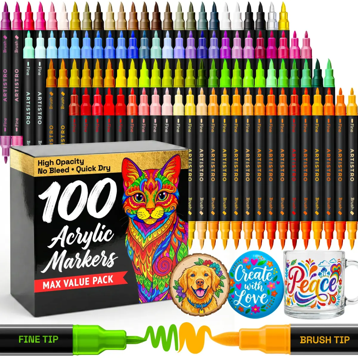 ARTISTRO Acrylic Dual-Tip Glass Marker Pens for Wine Glasses, 100 Count | Vibrant Multicolor Paint Pens for Parties & Crafts - main product image
