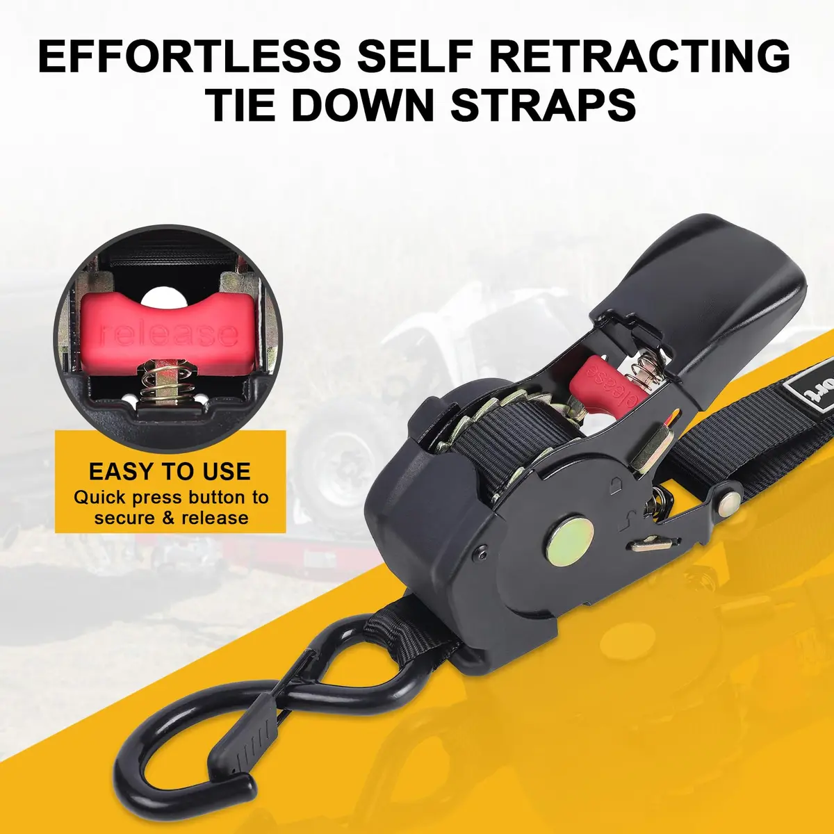 Ayaport Retractable Ratchet Straps 2.54cm x 3.81m (1" x 12.5ft) 2-Pack | Heavy Duty 544kg (1200lbs) Break Strength Tie Downs - view 2