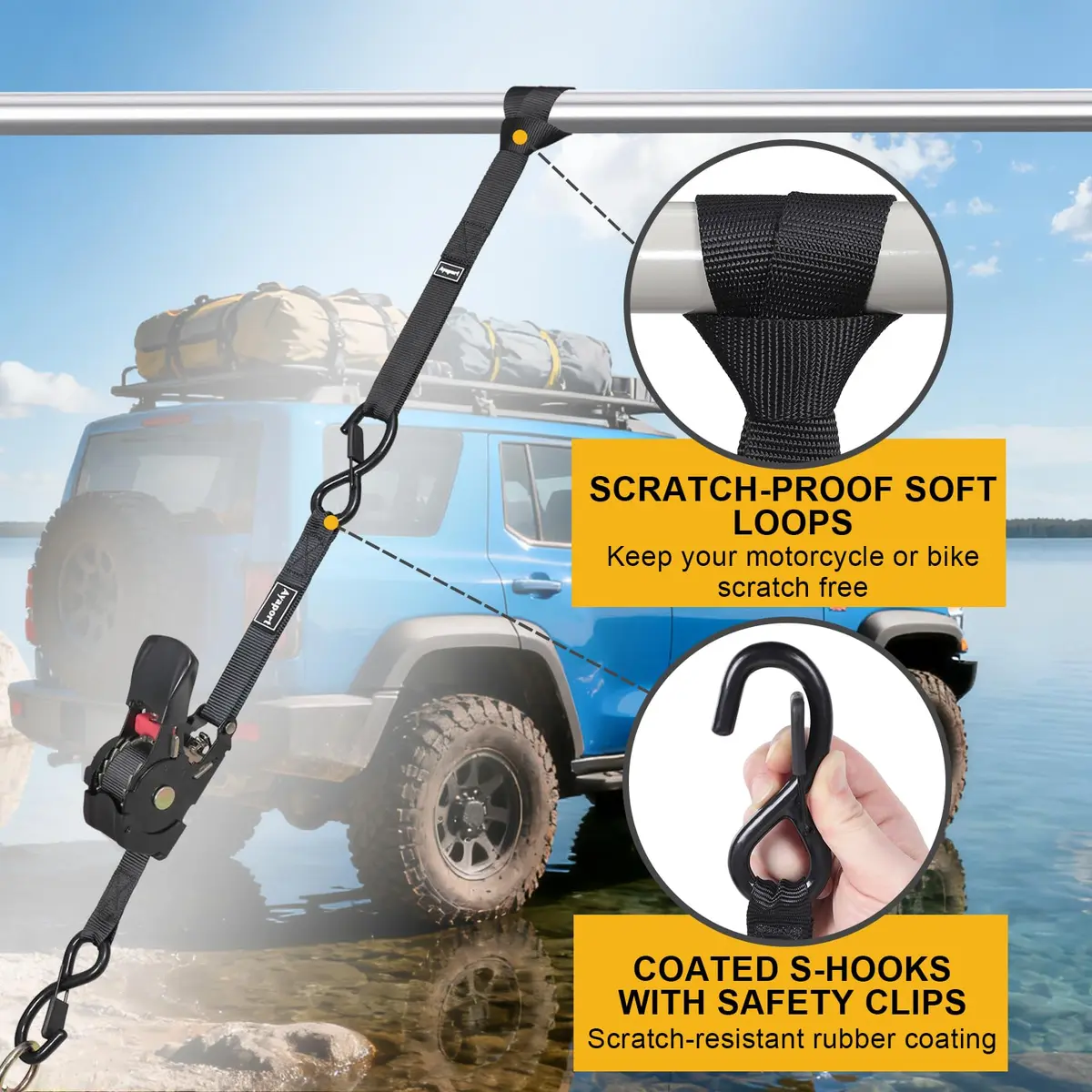 Ayaport Retractable Ratchet Straps 1in x 12.5ft (3.81m) – 4 Pack, 1200lbs Break Strength, Self-Retracting Tie-Downs with S-Hooks - view 5