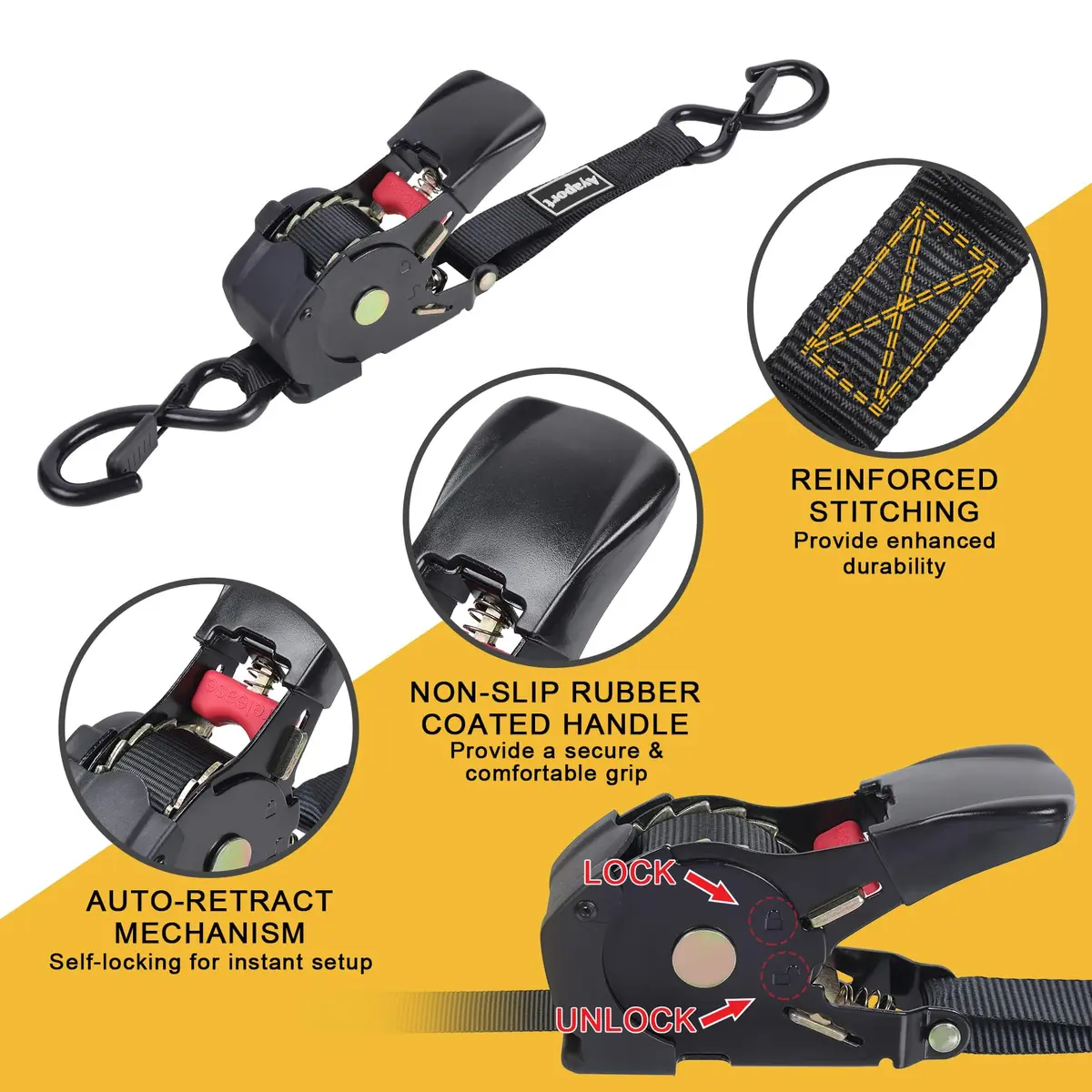 Ayaport Retractable Ratchet Straps 1in x 12.5ft (3.81m) – 4 Pack, 1200lbs Break Strength, Self-Retracting Tie-Downs with S-Hooks - view 3