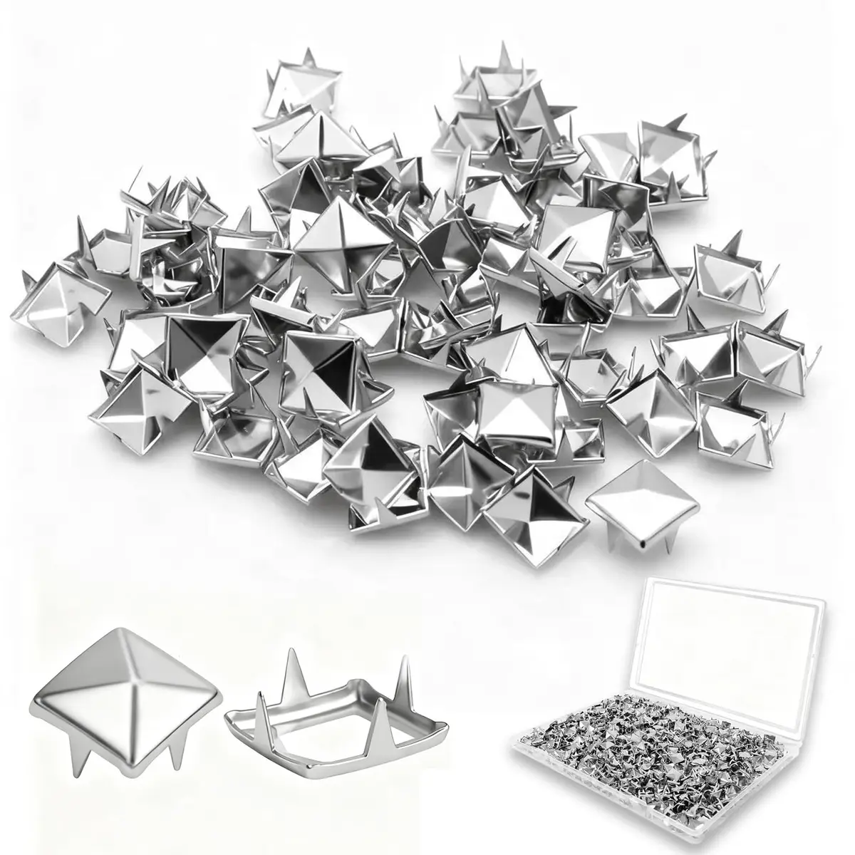 XIAEQOH 500PCS 10mm 4-Prong Square Spikes | Silver Metal Pyramid Studs for Crafts & Clothing - main product image